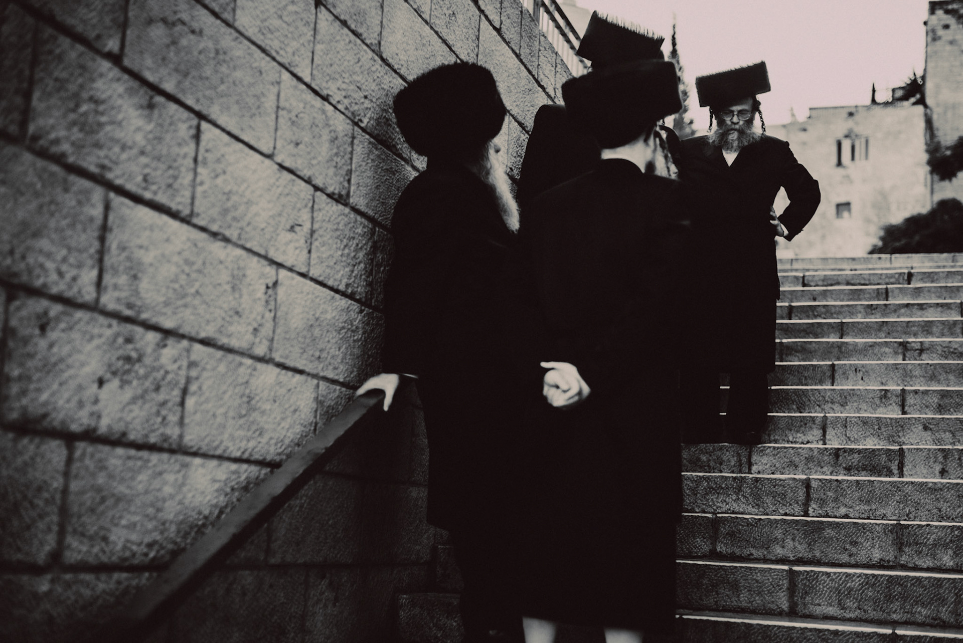 Orthodox Jewish Rabbis talking near the Western Wall, Jerusalem, Israel, July 2015, Leica M.