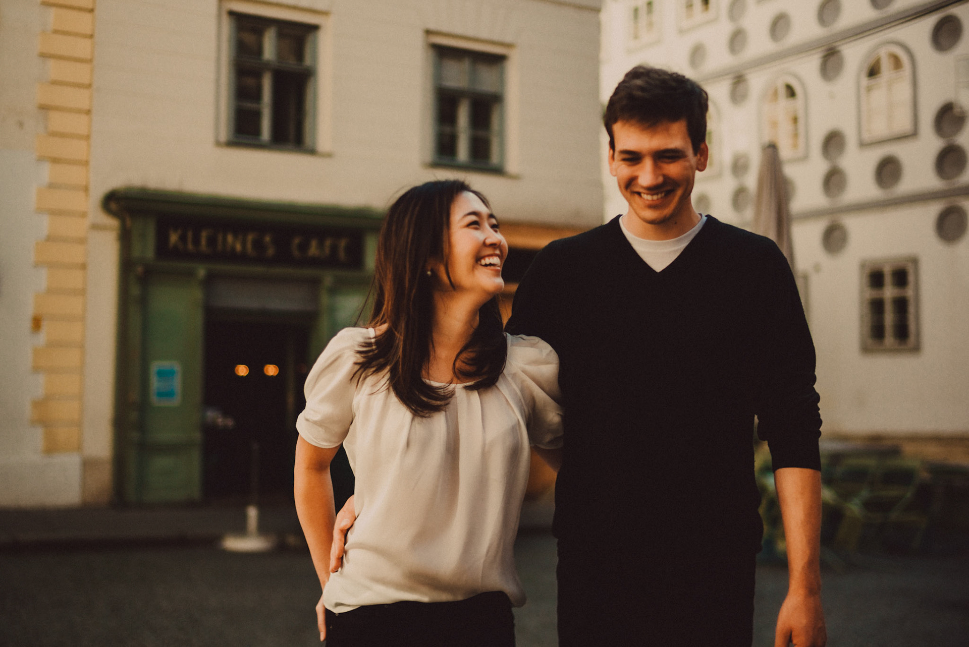 Casual destination engagement photos inspired by "Before Sunrise" movie locations, Kleines Café, Innere Stadt, Vienna, Austria, August 2017, Leica M.