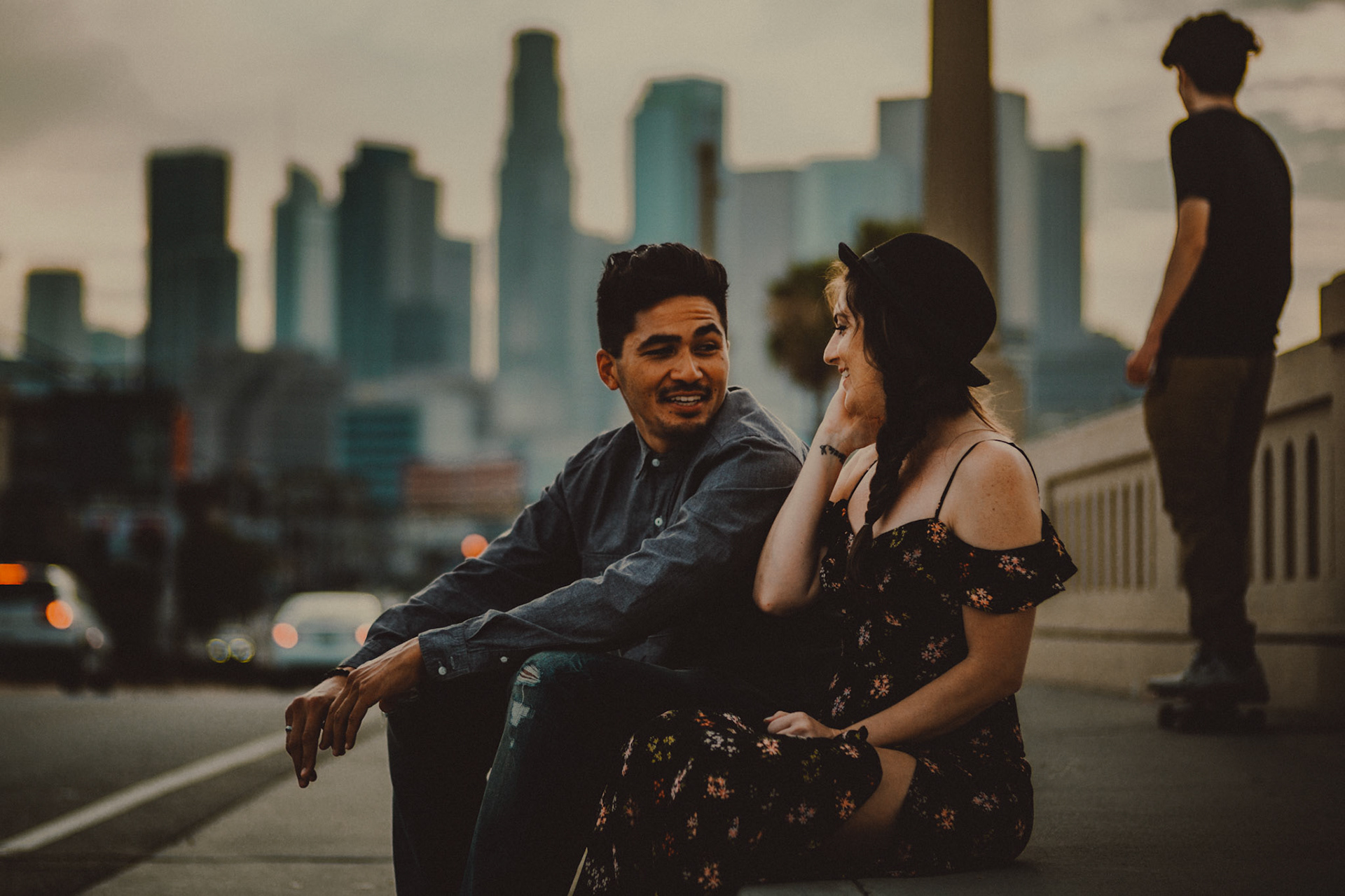 E 1st Street Bridge candid city engagement shoot in Downtown Los Angeles, California, USA, July 2018, Leica M.