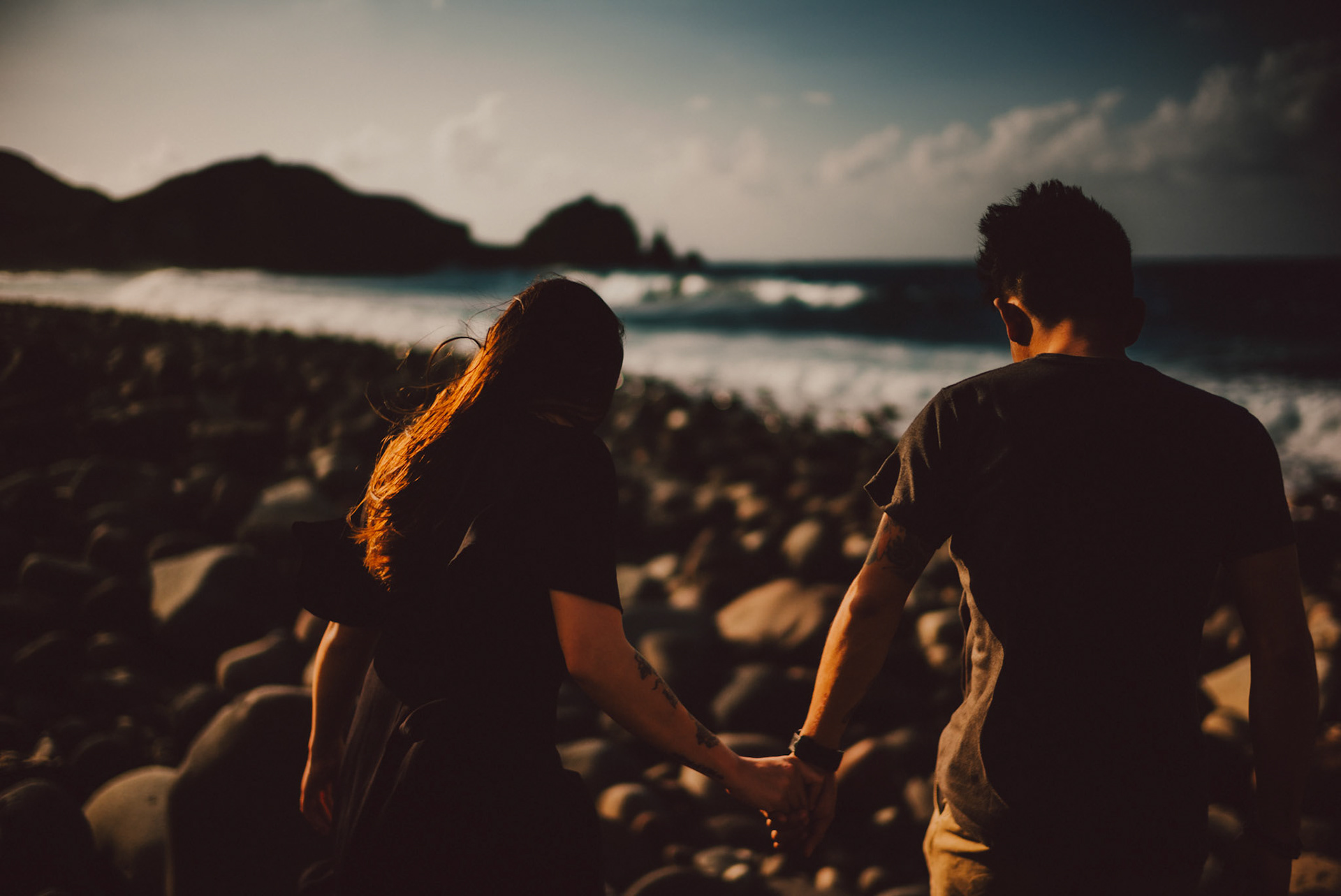 Moody and cinematic couple portraits from Owen and Nikka's adventure prenup photoshoot in Chadpidan Boulder Beach, Batanes, Philippines, October 2017, Leica M.