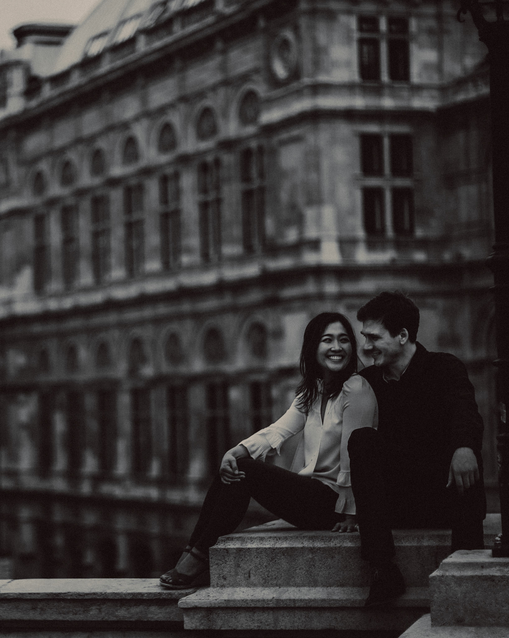 Casual destination engagement photos inspired by "Before Sunrise" movie locations, Albertina Museum with an overlooking view of Philharmoniker Straße, Innere Stadt, Vienna, Austria, August 2017, Leica M.