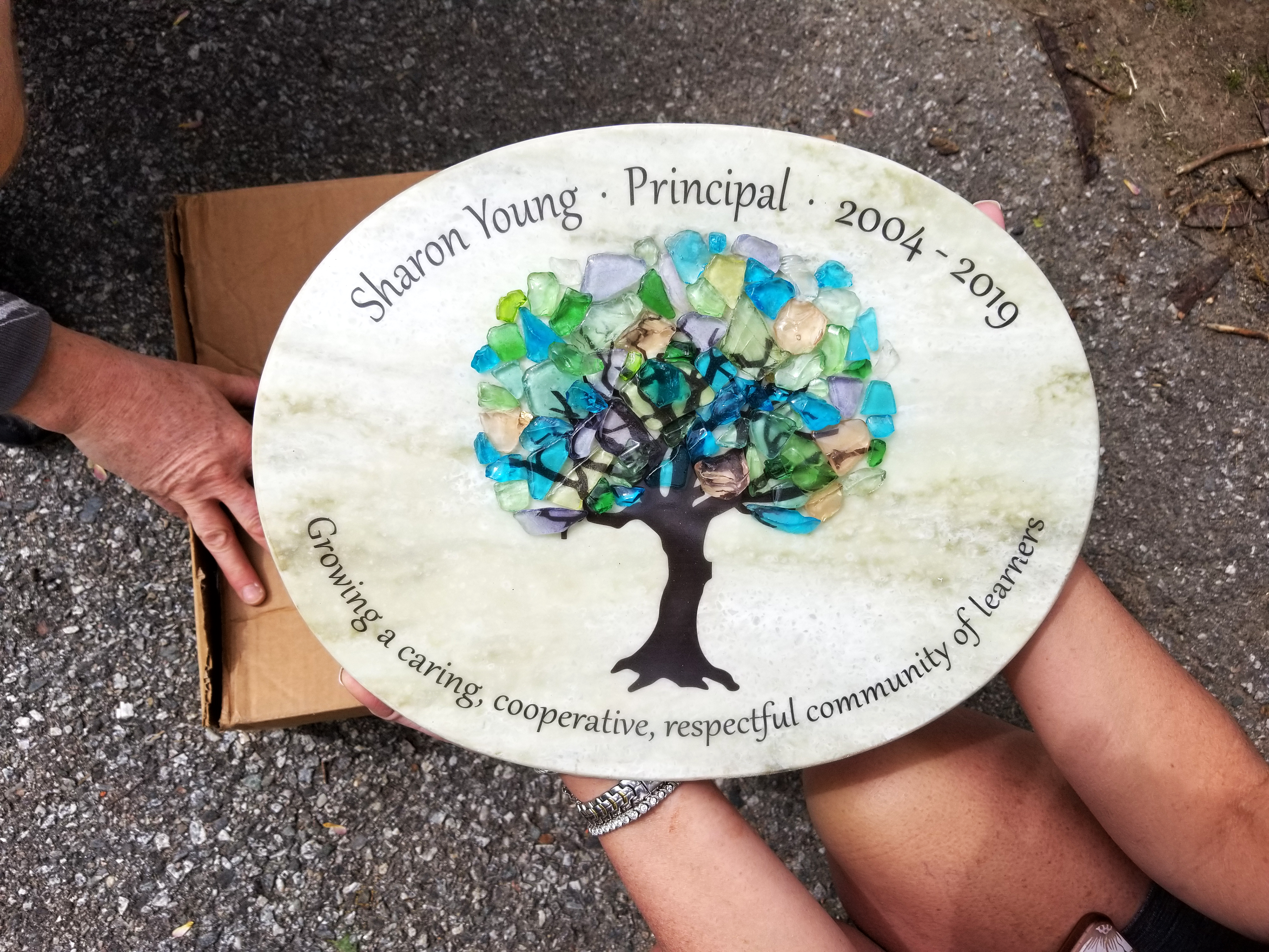Retirement plaque completed with applied sea glass leaves