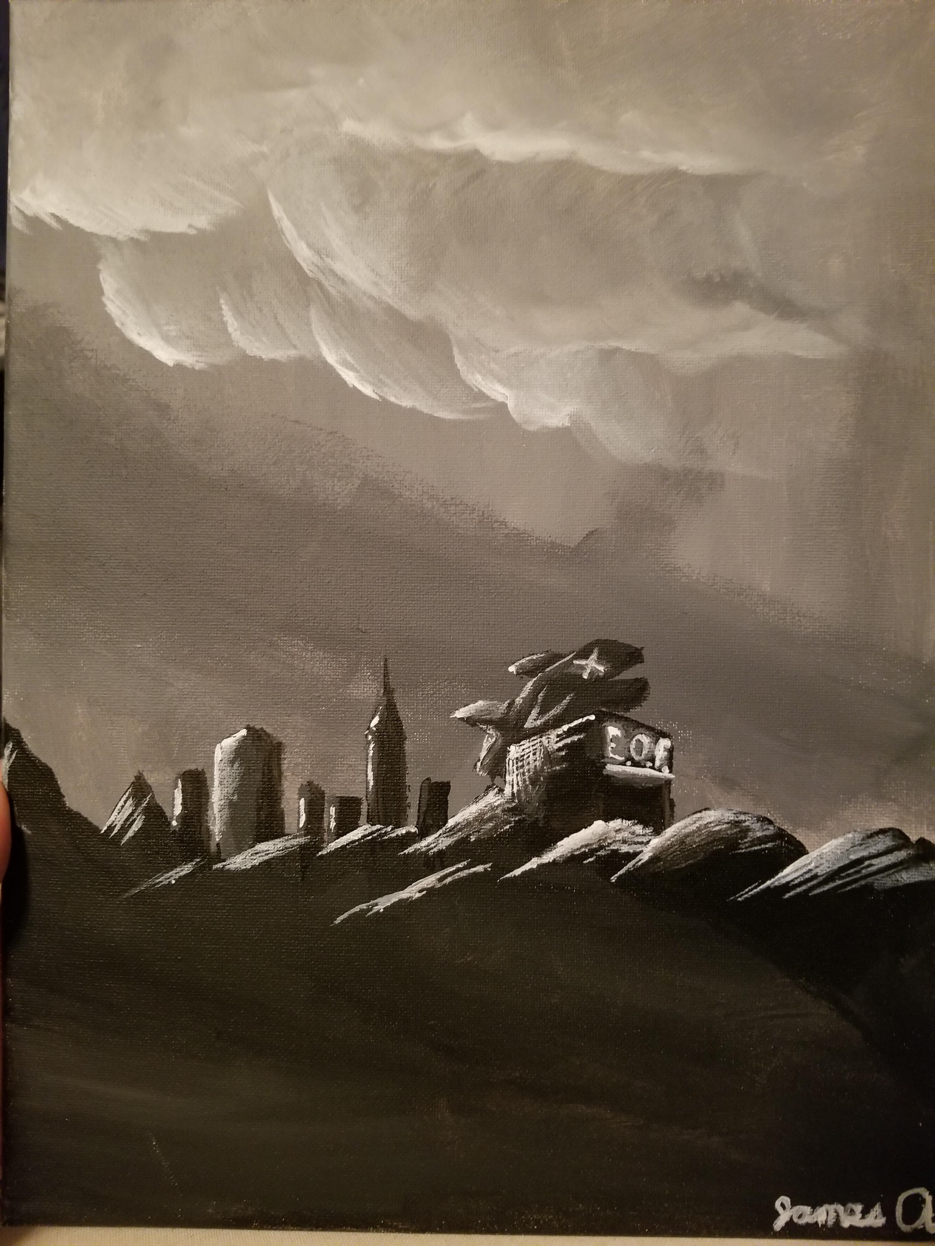 Another "Spare-Time" painting of a city within a group of mountains.