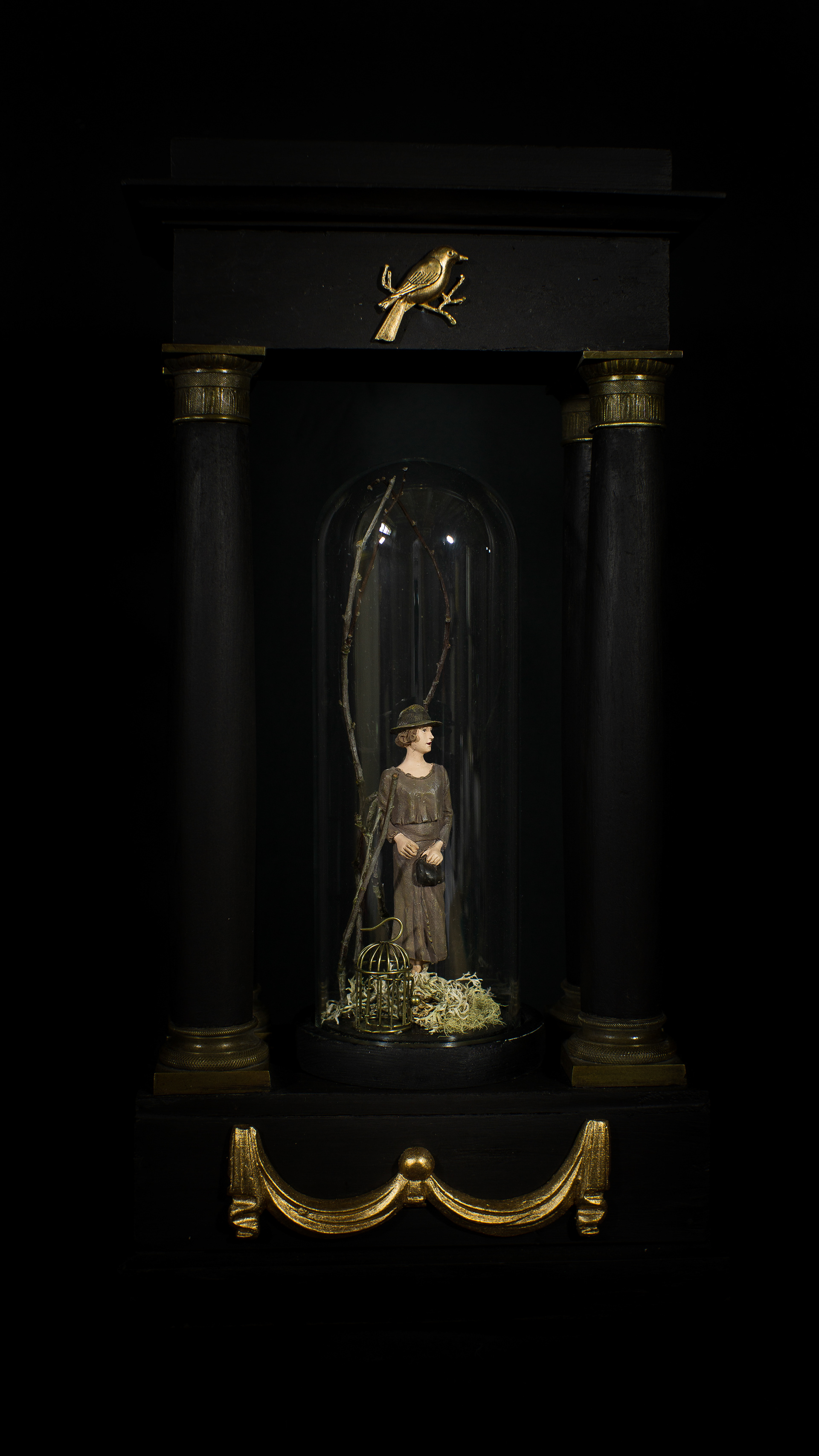 A Good Catch - Antique wooden stand, vintage miniature doll, brass and other metals, glass and wood bell jar. 50 x 26 x 14