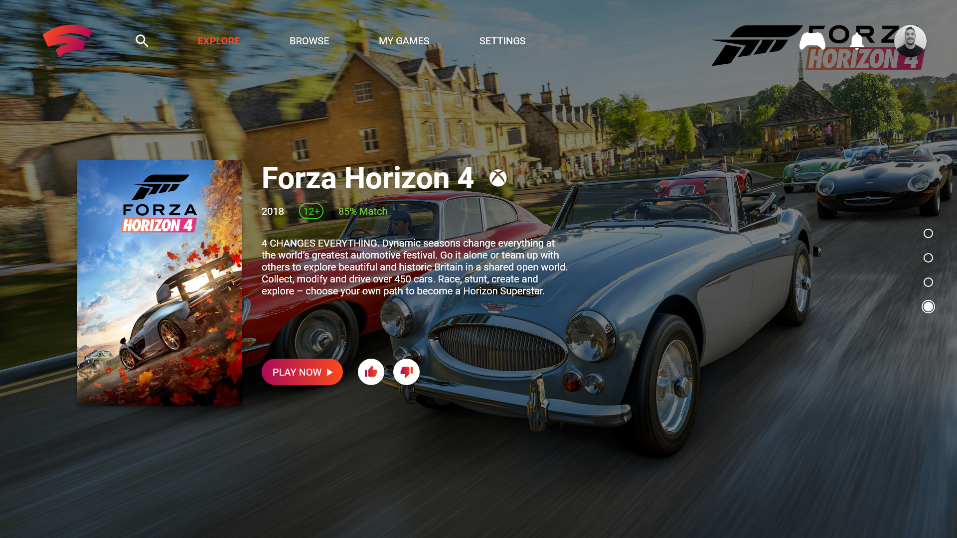 'Forza Horizon 4' as a suggestion on the front page