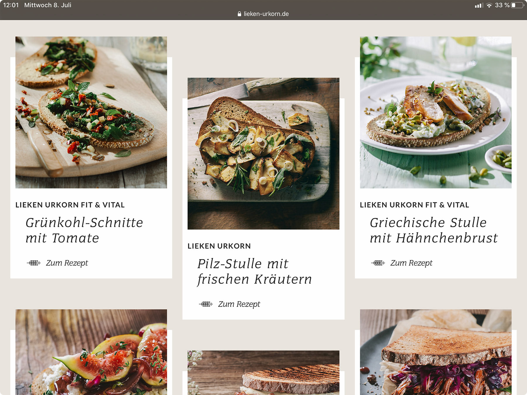 Rezepte Ansicht der Lieken Urkorn Webpage auf dem Desktop.