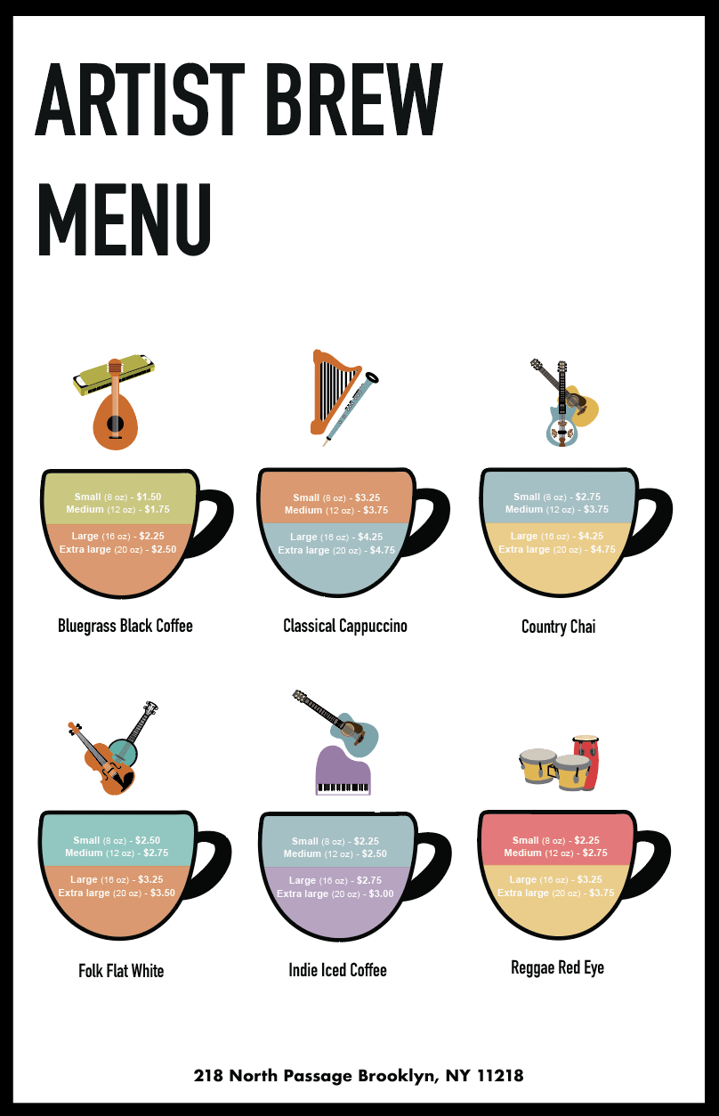 Artist Brew menu