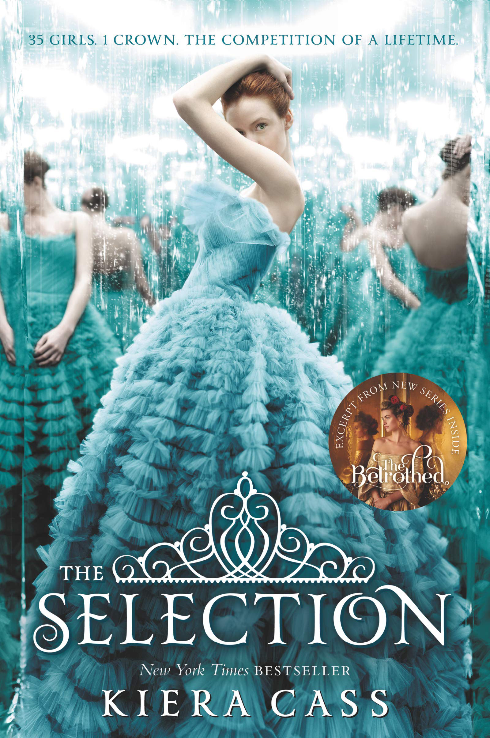Book cover: A girl is standing in a teal fluffy dress with her hands on her head. The background is a bunch of reflections of her.