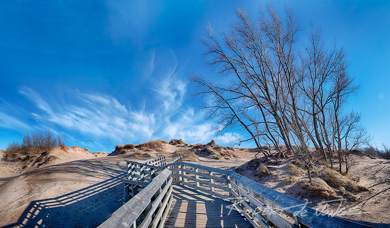 A view of the boardwalk leaving the Lake Michigan Overlook on the Pierce Stocking Drive. Beautiful Wispy Clouds