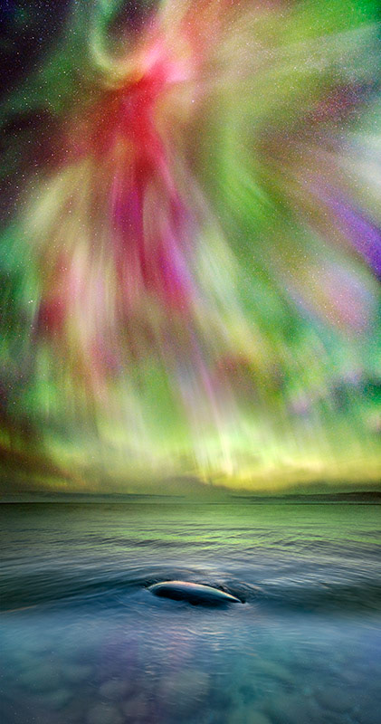 Northern Lights, Sturgeon Bay, Wilderness State Park, Lake Michigan, stone, reflection