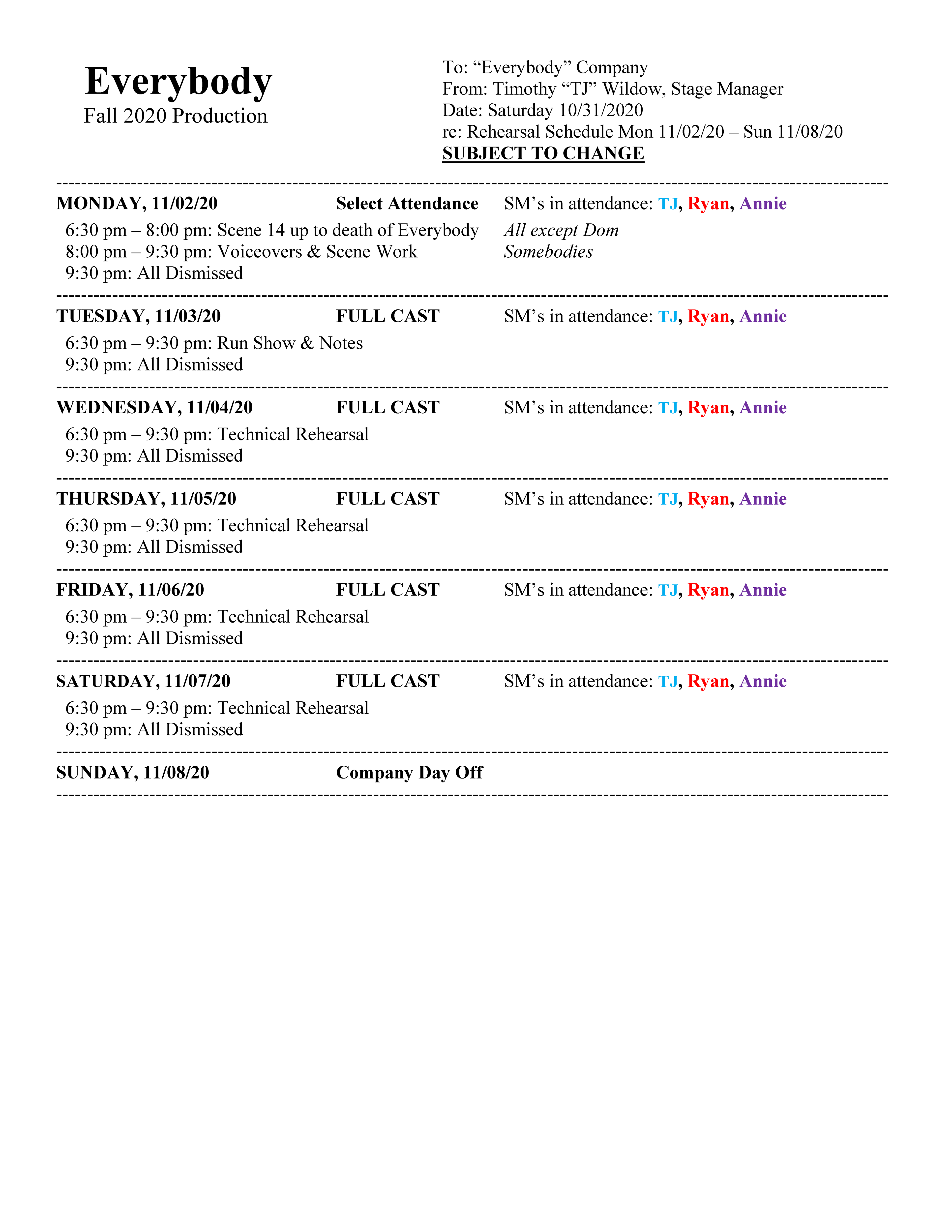 Rehearsal Schedule Sample