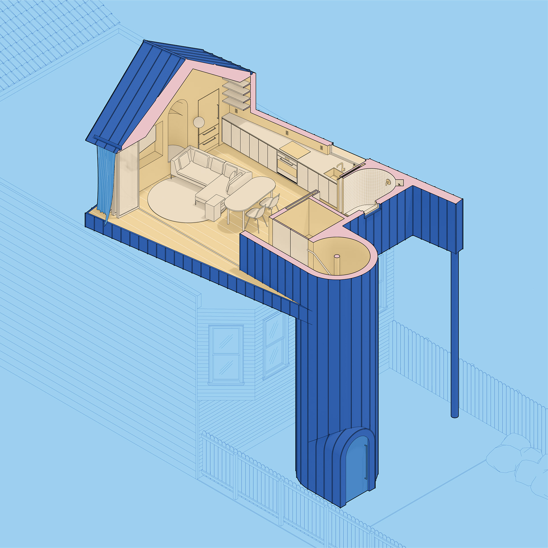 Isometric cutaway view: Tiny House Accessory Dwelling Unit ADU is worn like a hat by the existing house