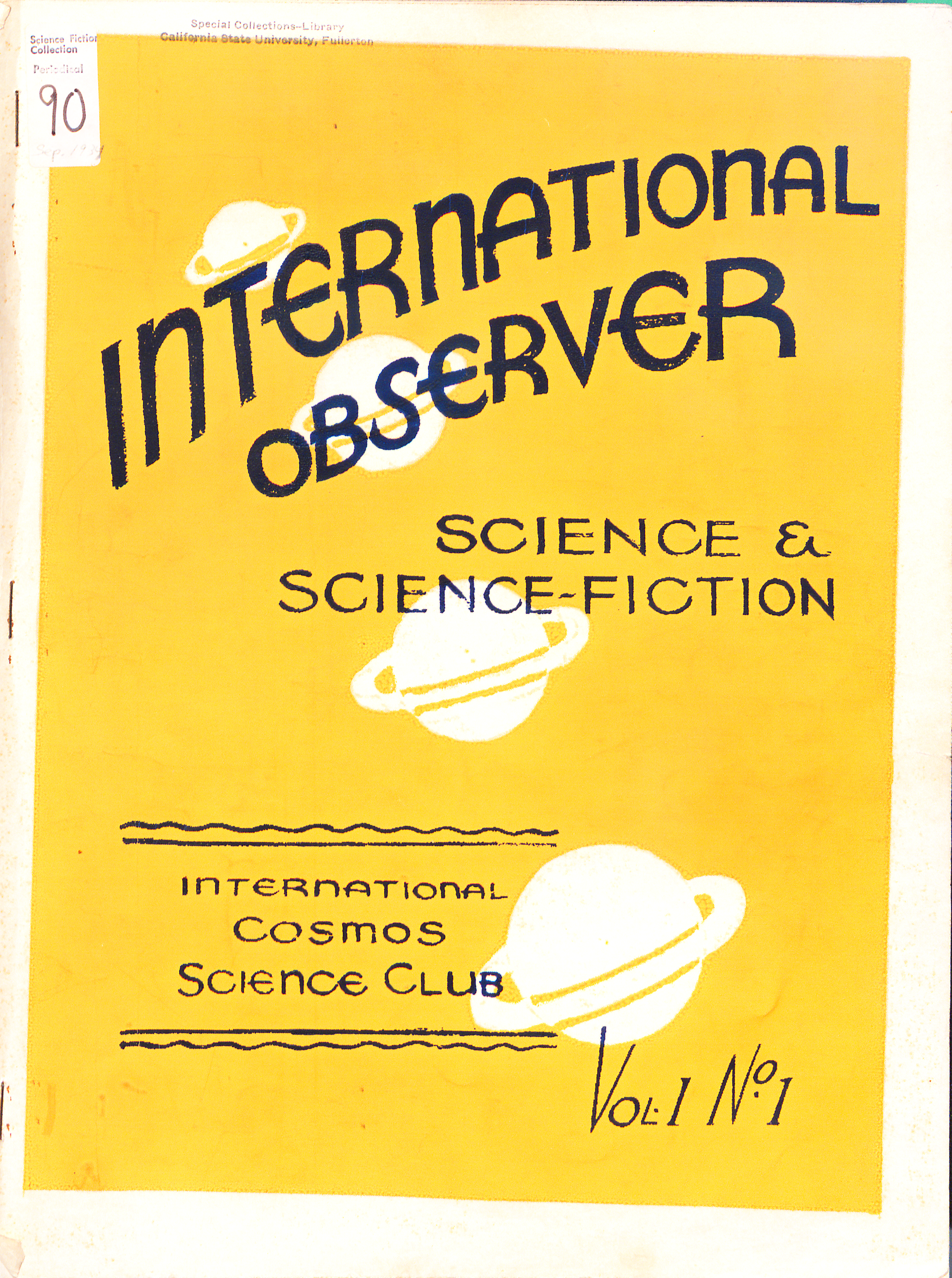 International Observer of Science and Science Fiction. International Cosmos Science Club. No. 1 (September 1934)