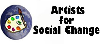 Earth in the background with a paint pallette and paint brush in the foreground. To the right is the text "Artists for Social Change".