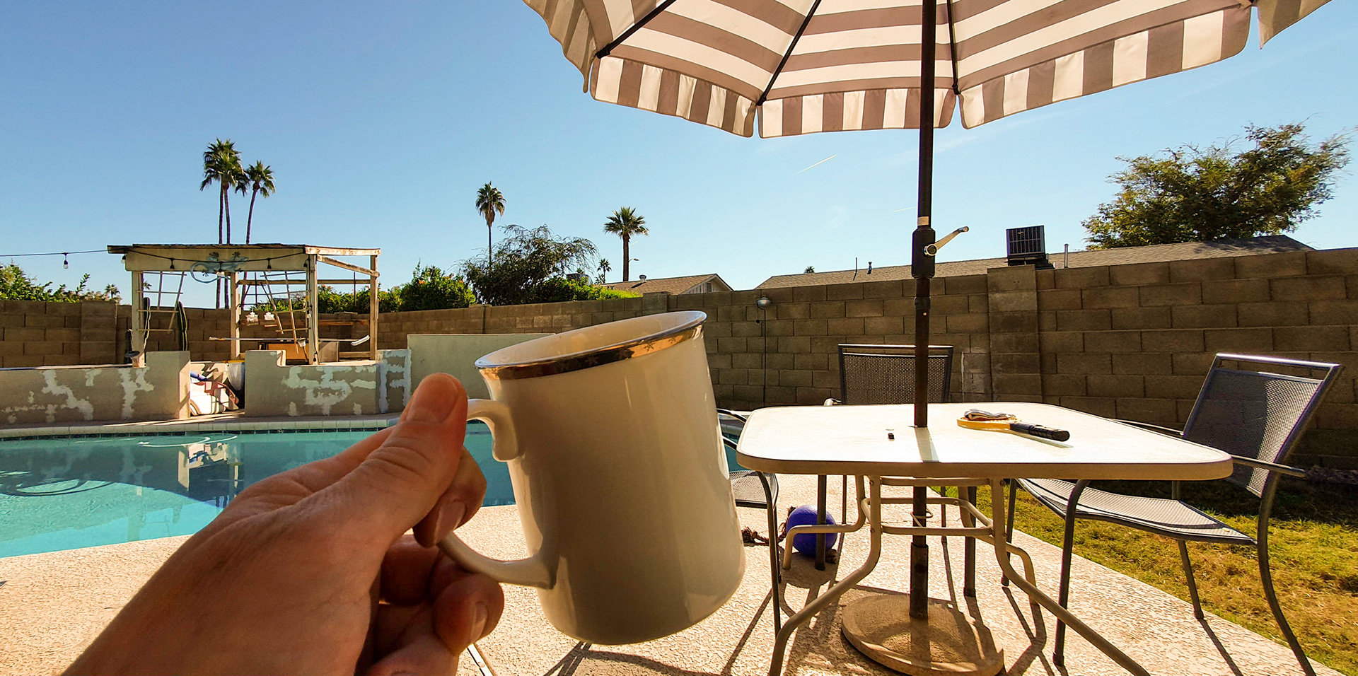 The only cure for jetlag; poolside coffee in the sun!