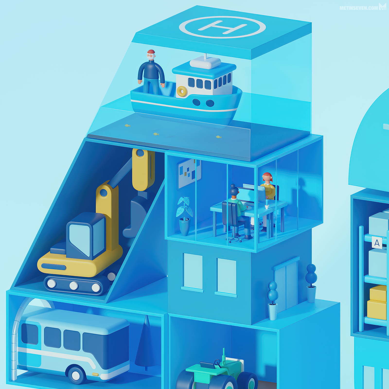 3d, illustratie, gestileerd, stylized, corporate, anniversary, zakelijk, bedrijf, jubileum, 40, crane, kraan, building, gebouw, bouw, services, diensten, characters, karakters, figuren