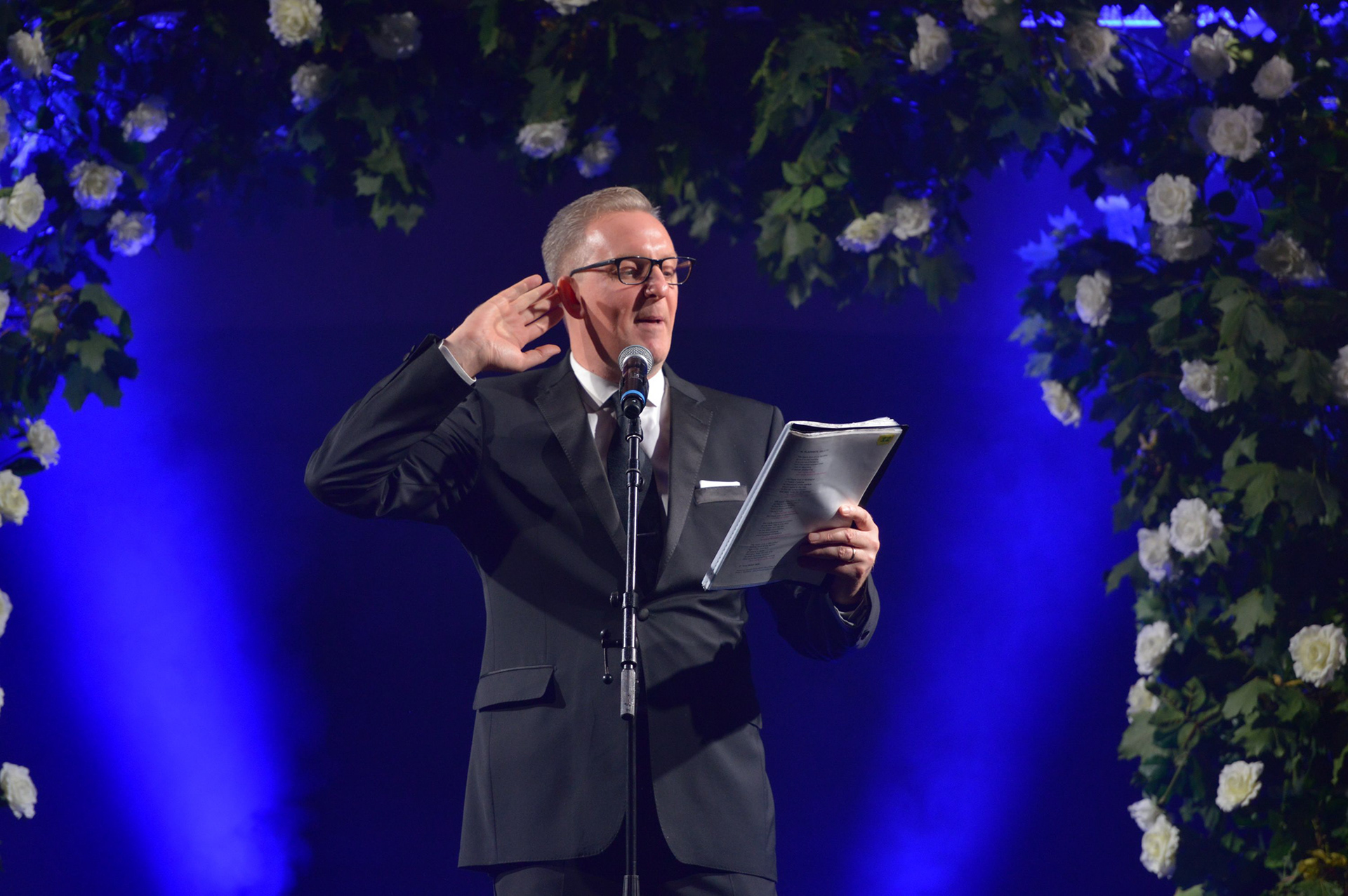 Manchester Poet, Tony Walsh on stage at the 2019 Manchester Fashion Festival - runway photographer