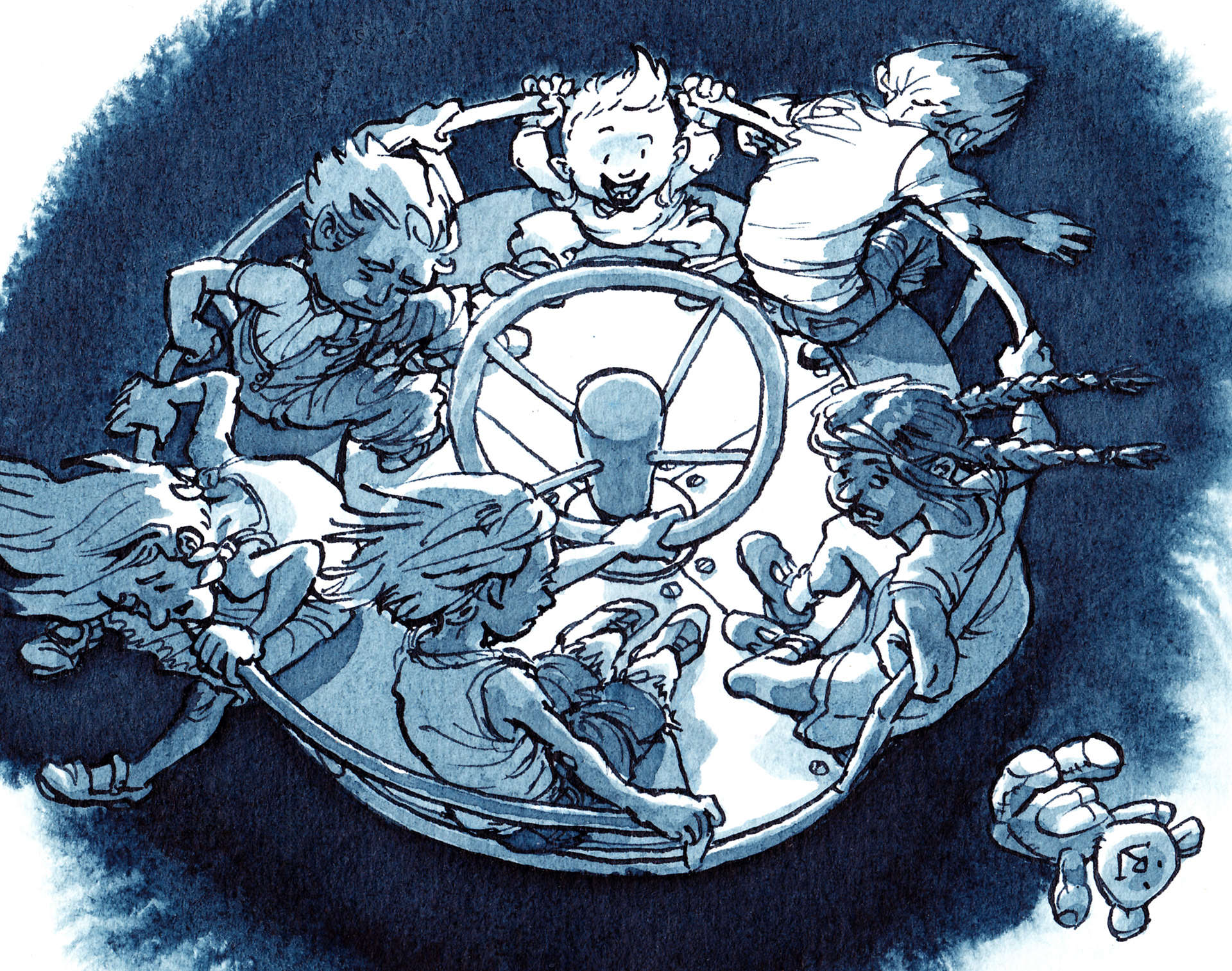 Allen Kindern ist schwindlig auf dem Karussell. Nur das Baby hat Spaß. Teddy fliegt davon. Illustration in Tusche.