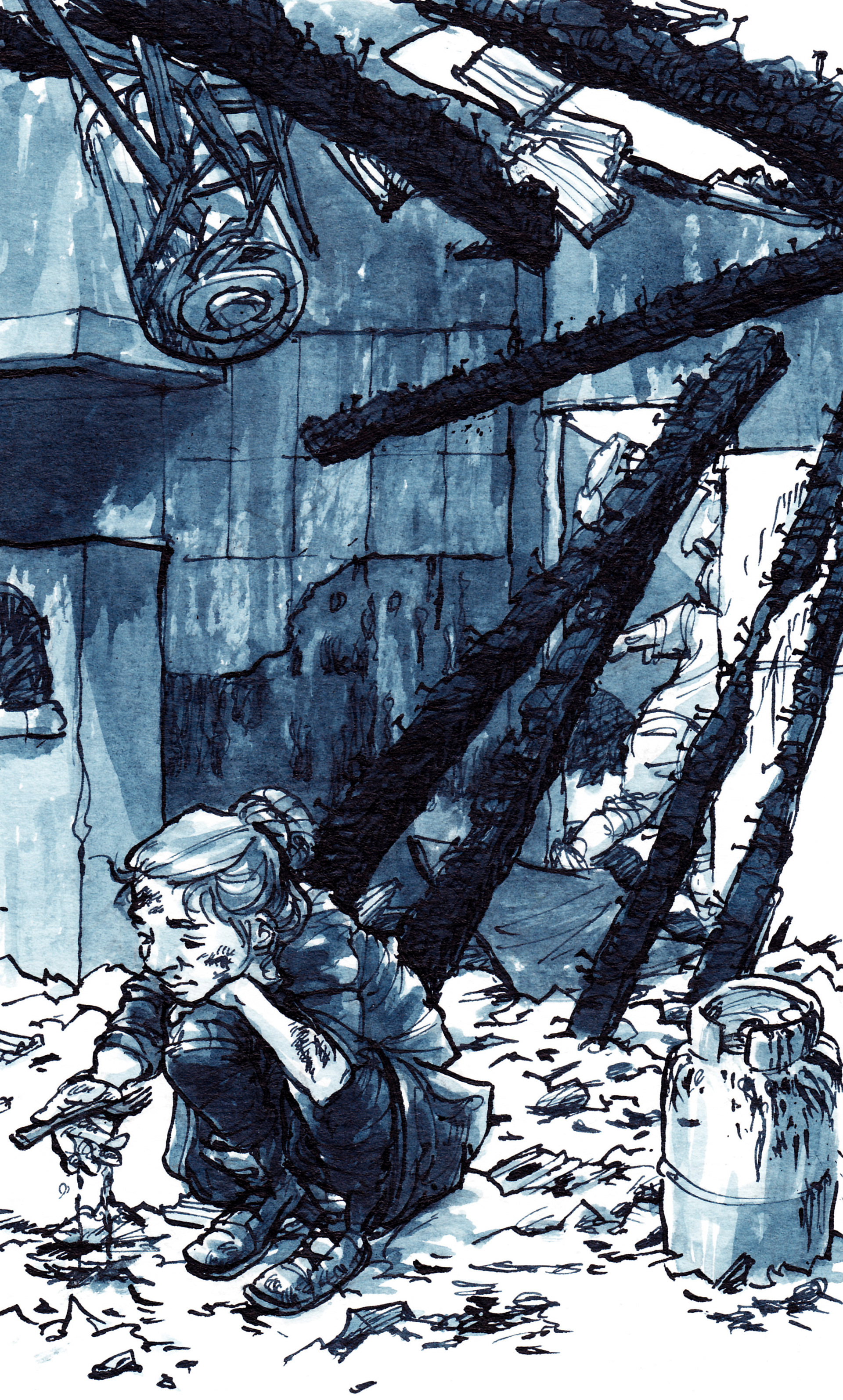 Frau stochert in Asche und findet Gabel. Übberreste eines abgebrannten Hauses. Illustration in Tusche.