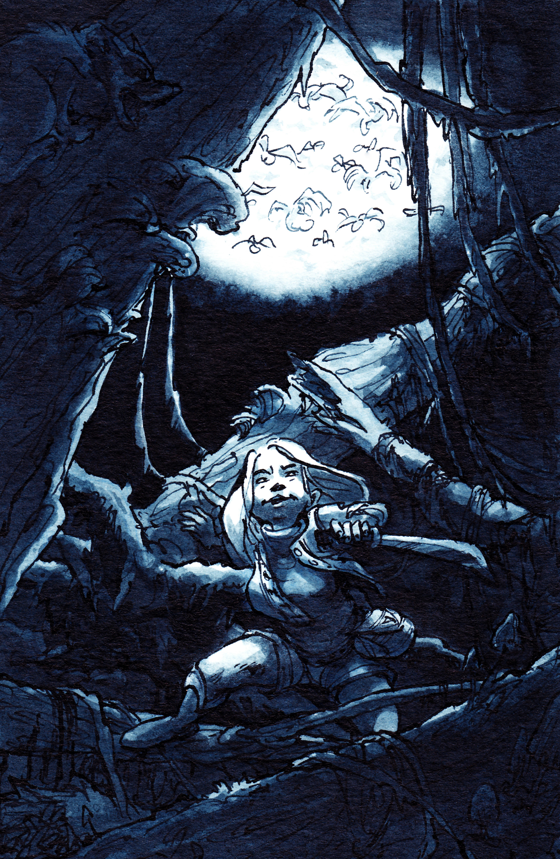 Frau käpft sich durch Dickeicht im Urwald zwischen eilden Tieren. Illustration in Tusche.