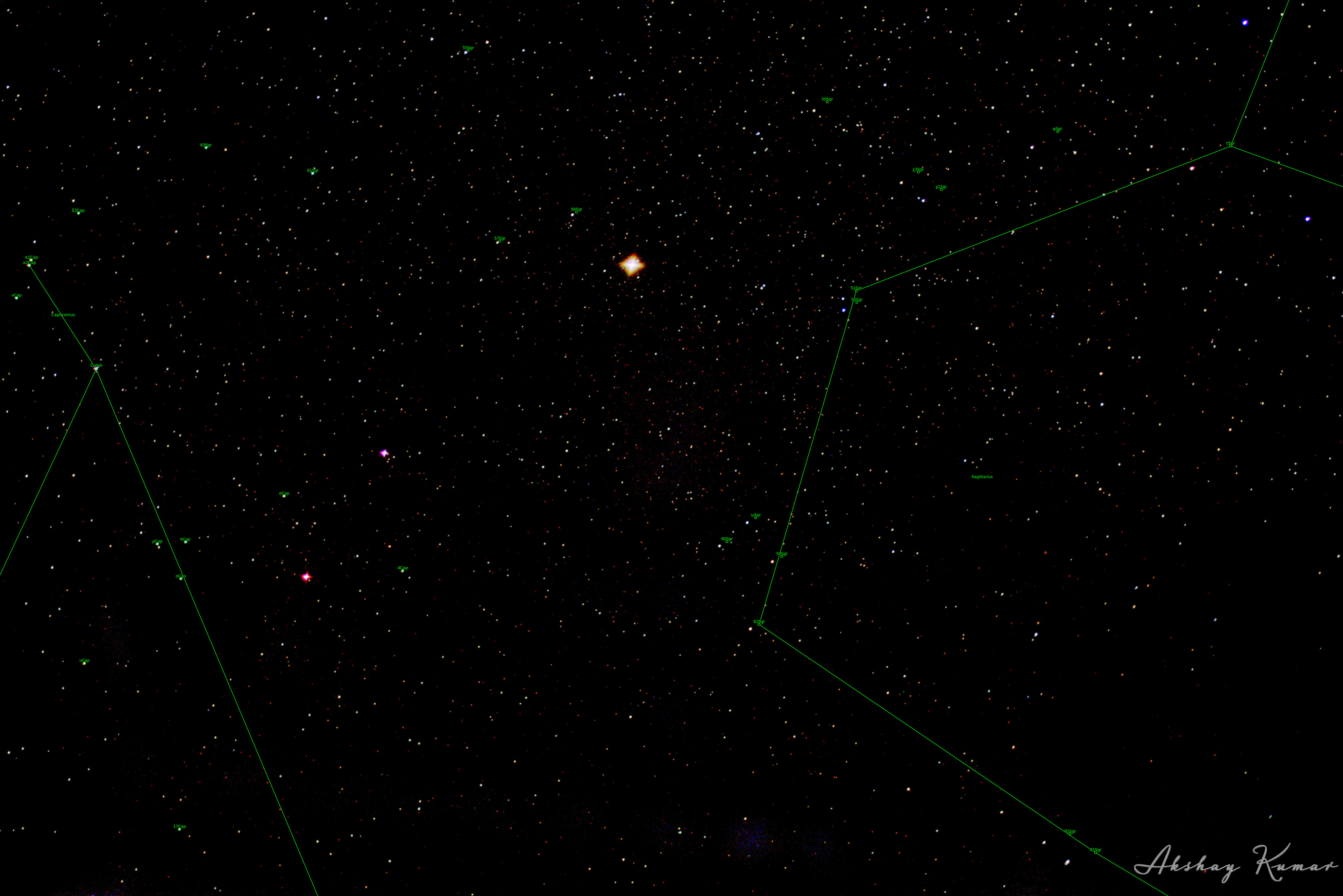 Close view of conjunction of Saturn, Jupiter, Pluto and Mars in Sagittarius constellation. Parts of Capricornus constellation is also visible. Brightest stars in the frame include the 52Sgr, 62Sgr, 59Sgr, θ1Sgr, α1Cap, α2Cap, τSgr, Dabih (βCap), Ascella (ζSgr) and Nunki (σSgr)