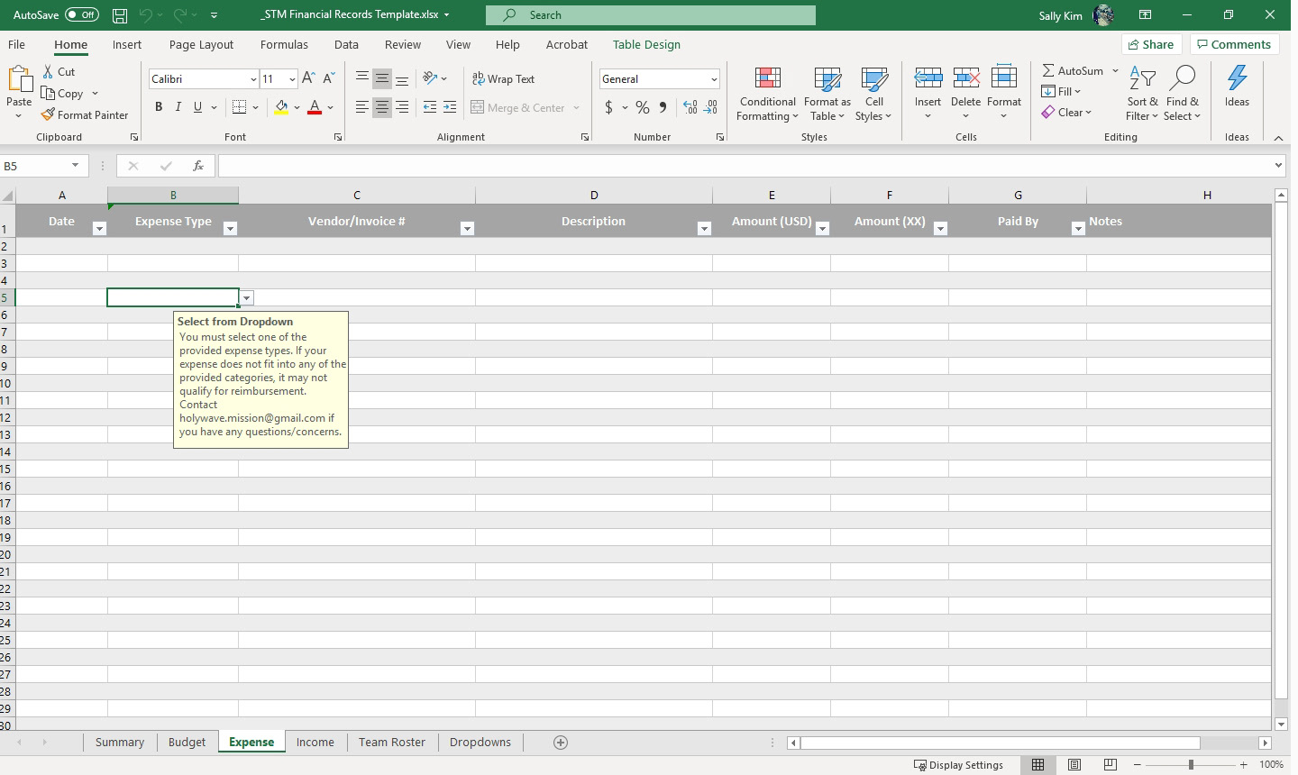 Sample of financial record-keeping template for small overseas travel teams (non-specialized groups of volunteers). Uses data validation to communicate specific direction on how to use the templates.