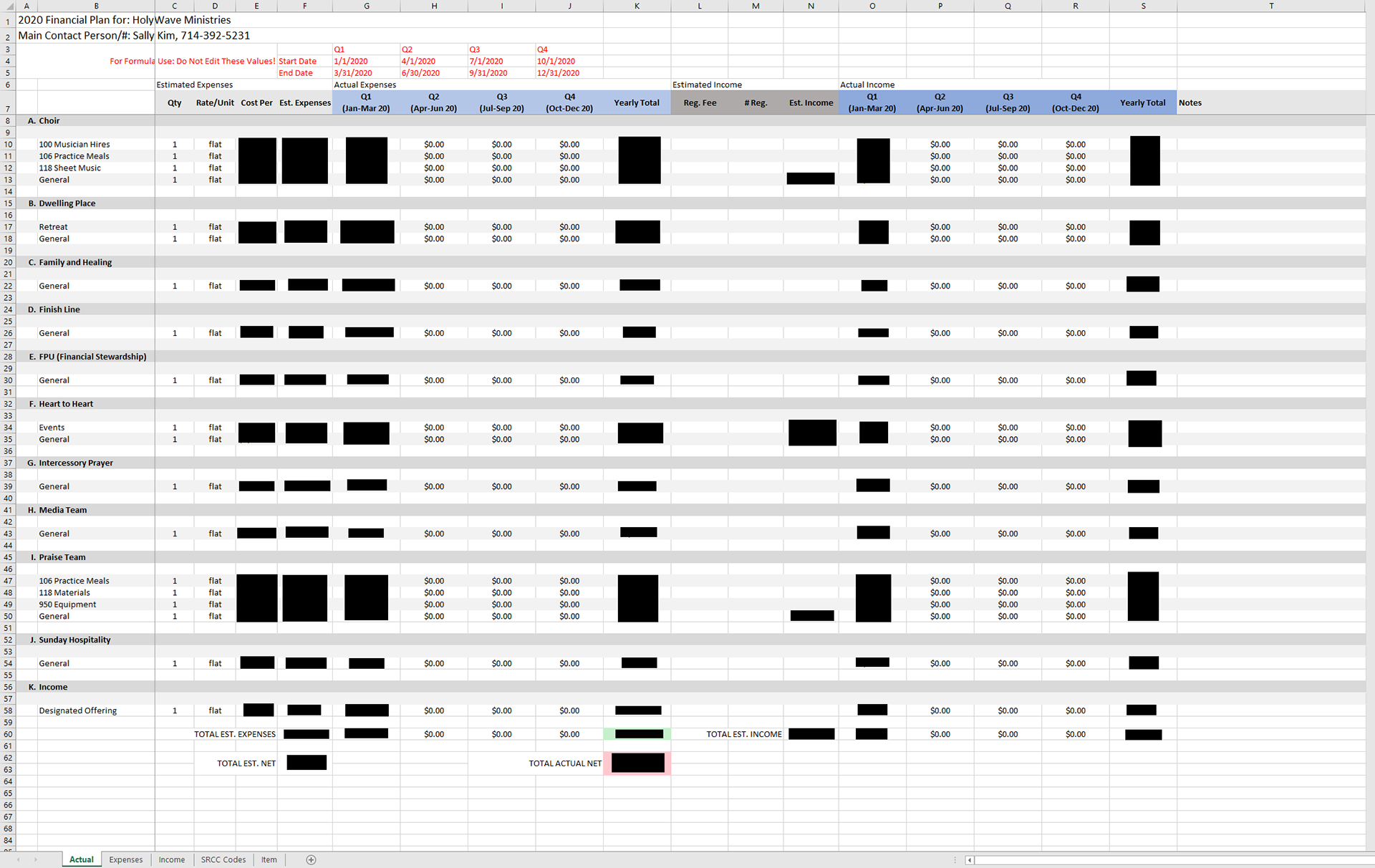 Financial plan sample. Each cell automatically calculates the running list of expenses (tab below) in accordance with the respective date range (quarters). Current information redacted.