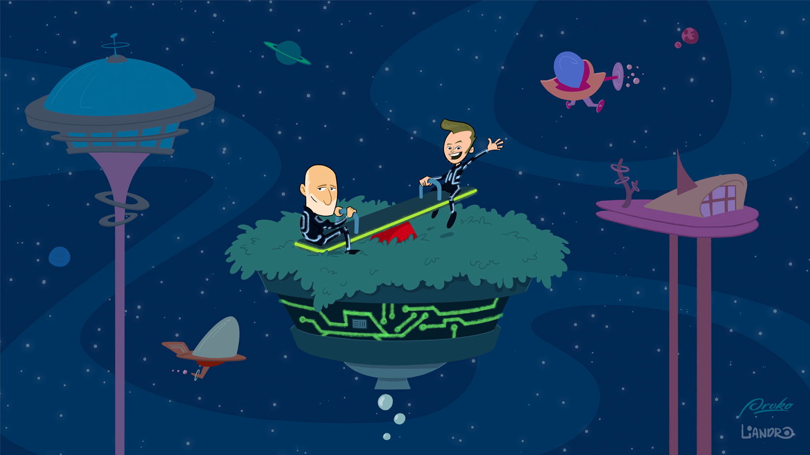 Stan and Marshall on a futuristic seesaw | Client: Proko