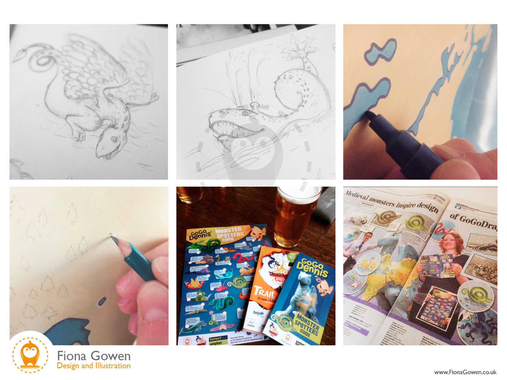 Work in progress shots of illustrated map and map monsters featured on 2015 dragon sculpture, painted by Fiona Gowen for gogodragons 2015 in Norwich