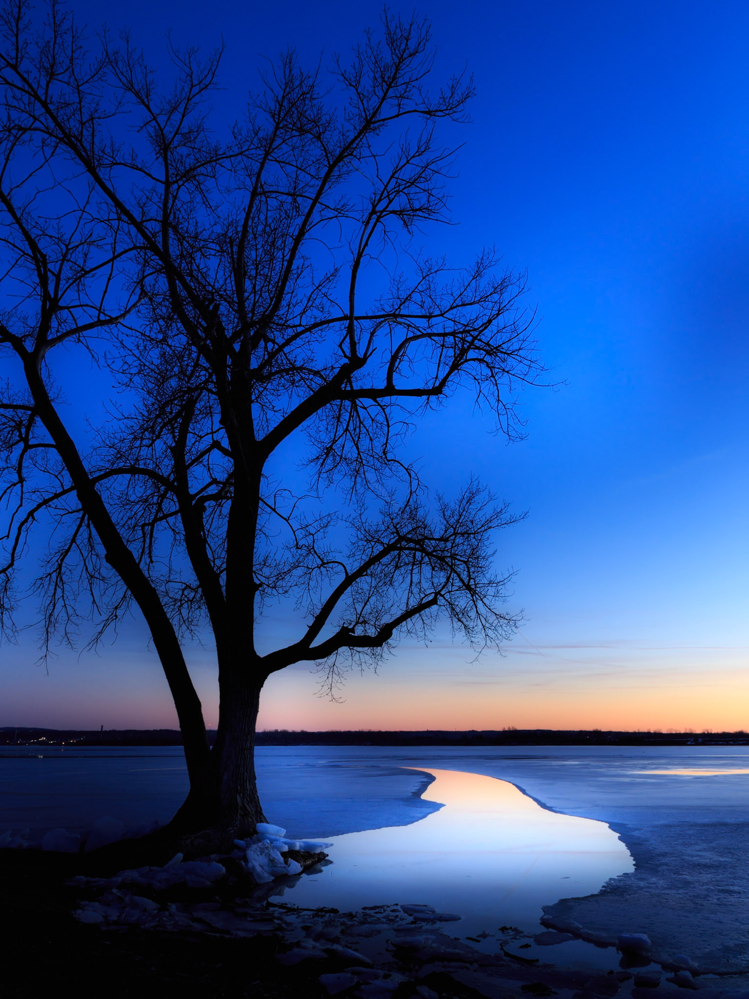 A meandering stream in the ice catches the sunset