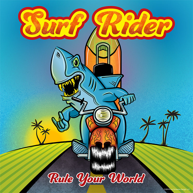 shark riding a motorcycle with a surfboard on the back