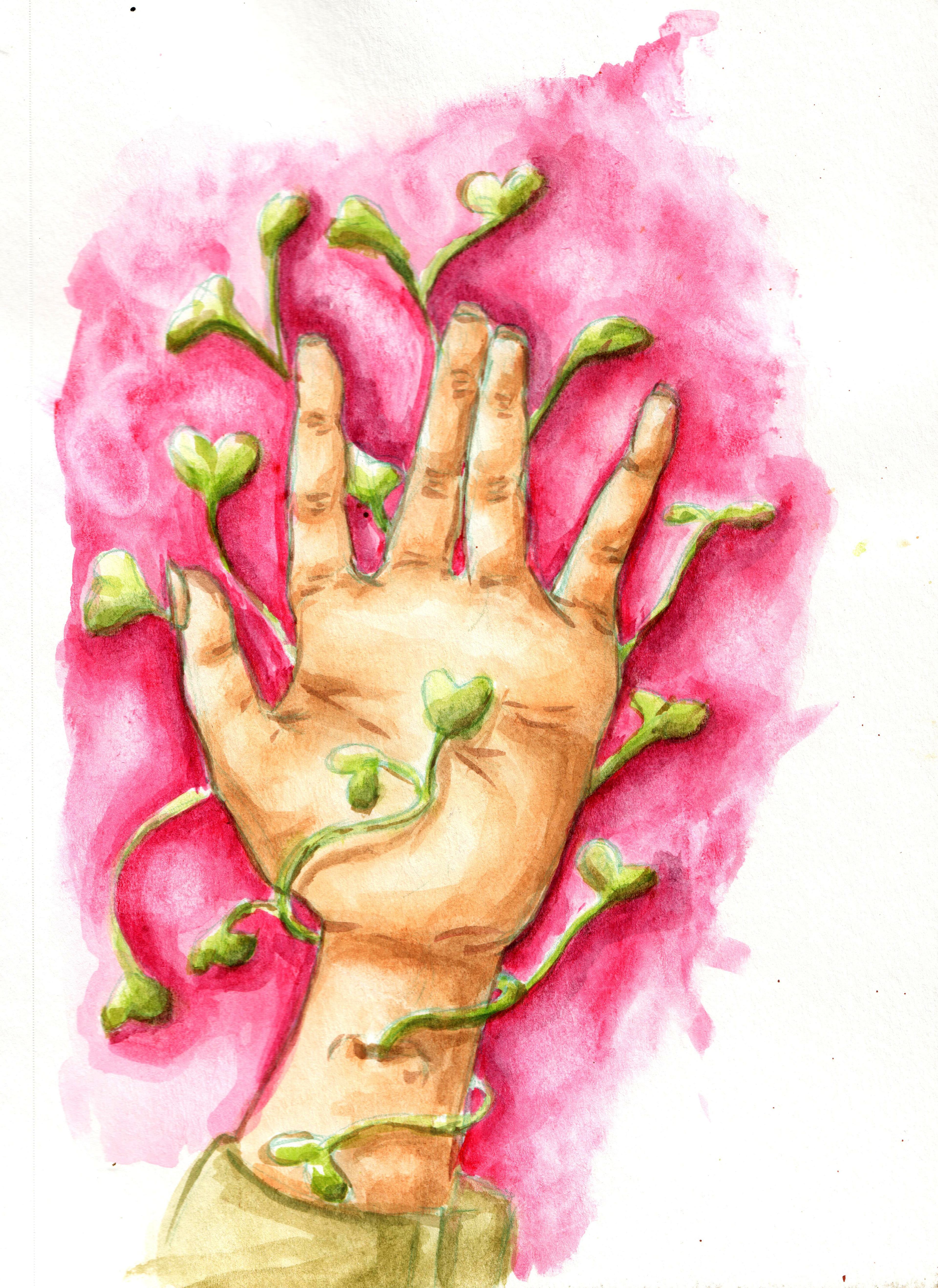 Watercolor hand with radish sprouts.