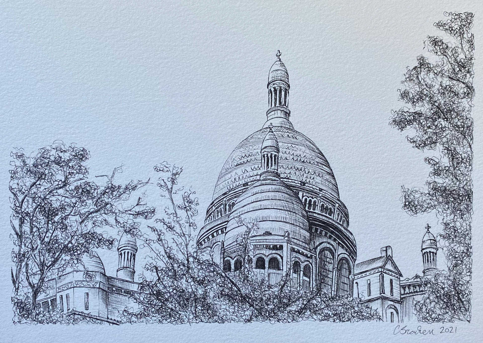 Fall at Sacré-Coeur, 2021, Pen & Ink on Paper, Commissioned Work