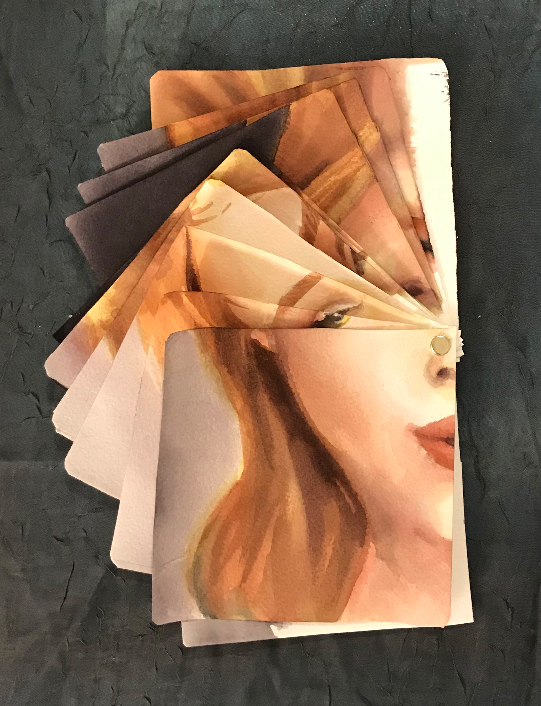 Color Swatches (Mary), watercolor, 5" x 5" closed 11" x 12" open, 2020.
