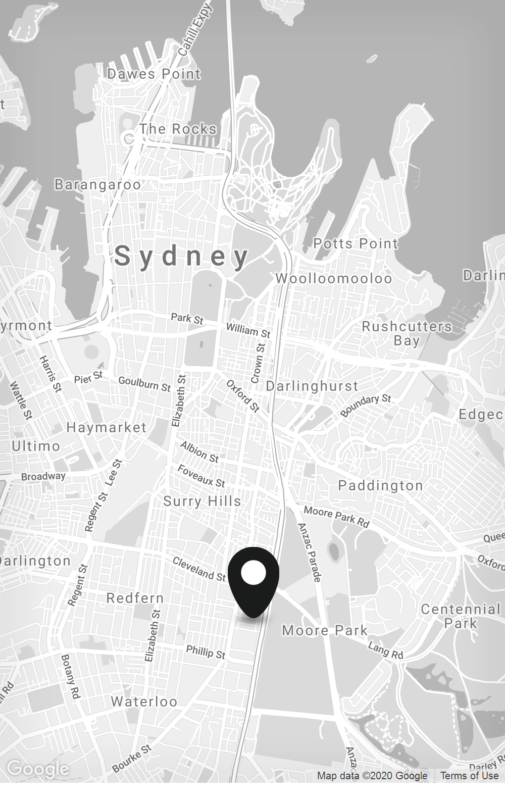 A static Google map of the Sydney inner-city region showing the relative location of James Armstrong's graphic design studio (just south of Surry Hills, near Cleveland Street).