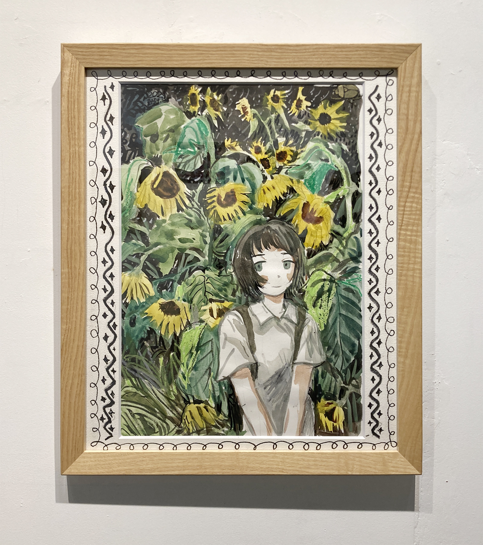 No.47 / みなはむ『ひまわり畑』/ 素材:墨、透明水彩、クレヨン / 制作年:2021 / サイズ:W272×H394mm / SOLD OUT