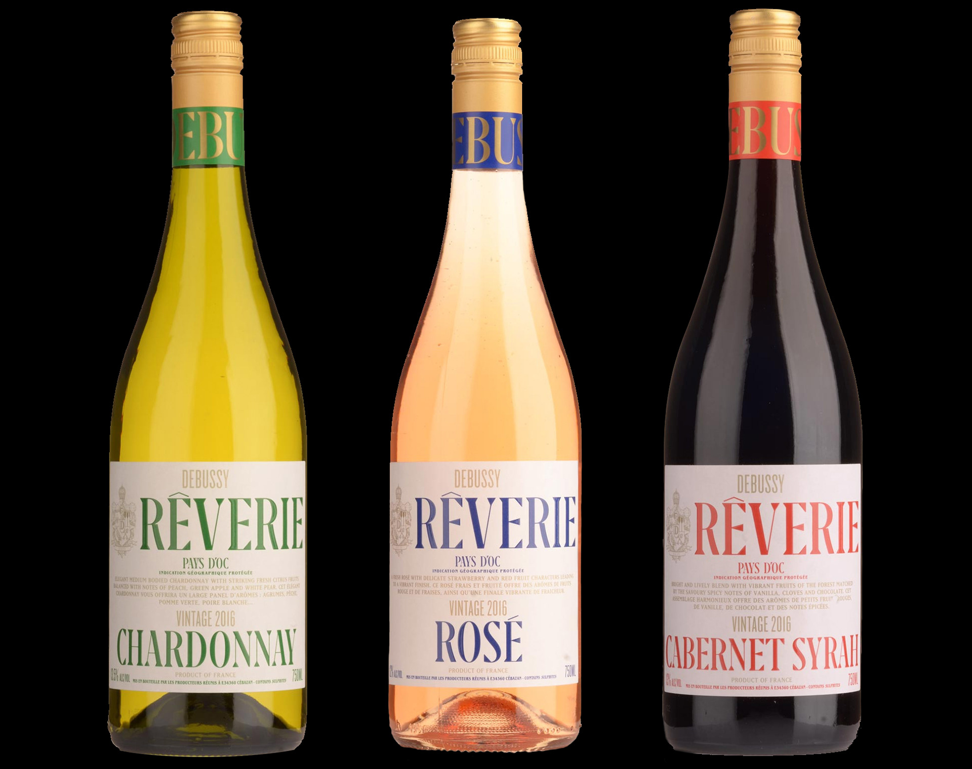 wine bottle label debussy crest rosé white wine red wine packaging design