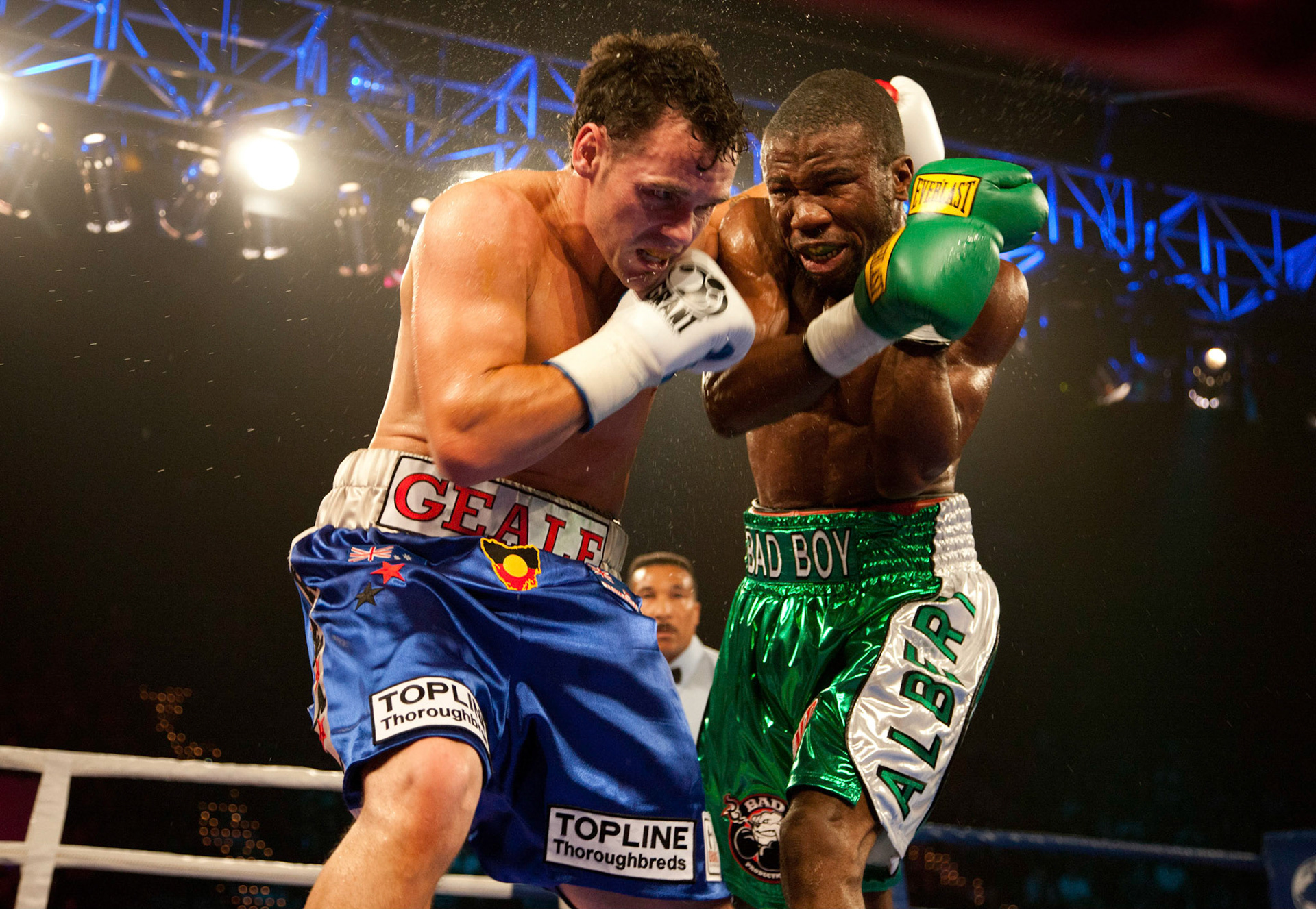 Australian boxer Daniel Geale and American Eromosele Albert during their IBF World middleweight title fight in Hobart.2011.