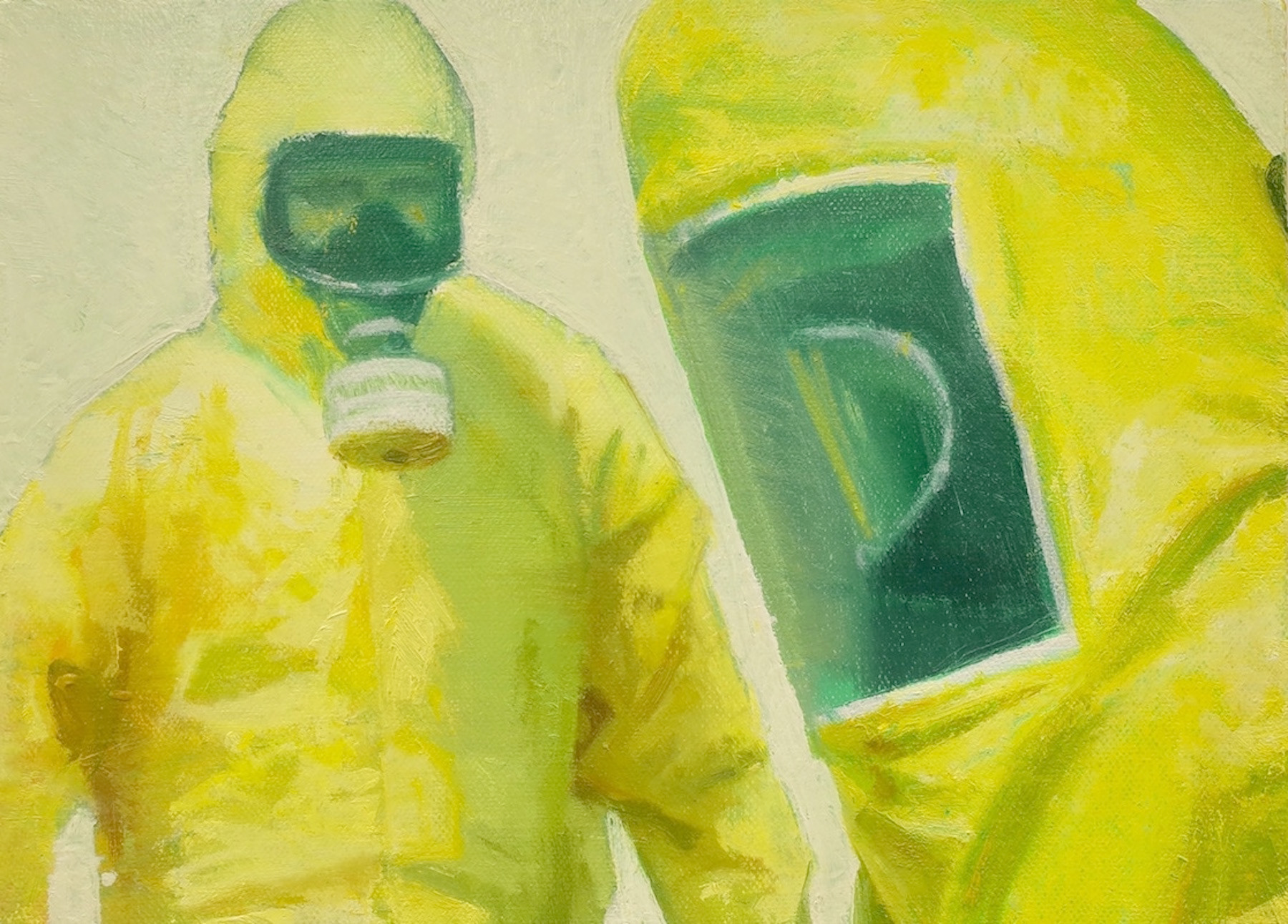 Bio Haz Suits, 2020, 6 1/2" x 9 7/8", oil on canvas
