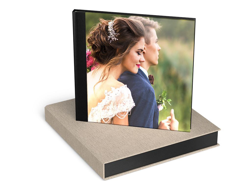 livre photo en verre acrylique + coffret en lin naturel