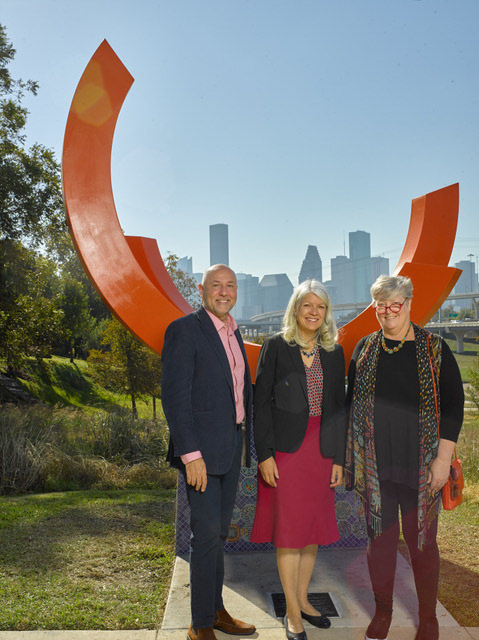 Snapshot Sculpture Ribbon Cutting Celebration, Nicola Parente with Council Member Karla Cisneros, District H, and Tami Moschioni