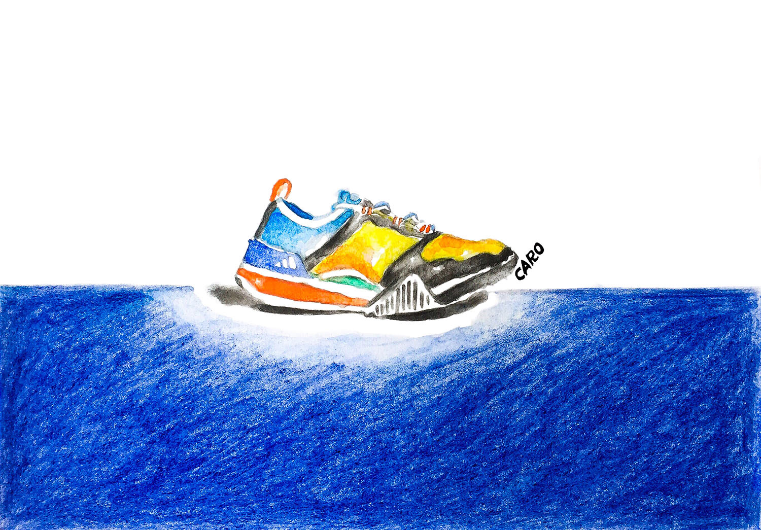 Adidas by Stella McCartney Pureboost X TR 3.0 Shoe, graphite and water-based pencils on card paper, 5.83 x 8.27 inches, rendered on Adobe Photoshop, 2018. Adidas AG and Stella McCartney