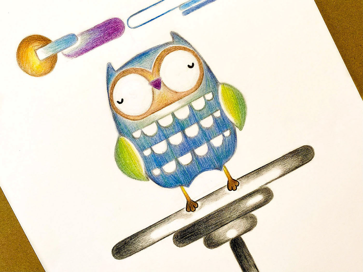 Owl Drawing, close up detail on paper.