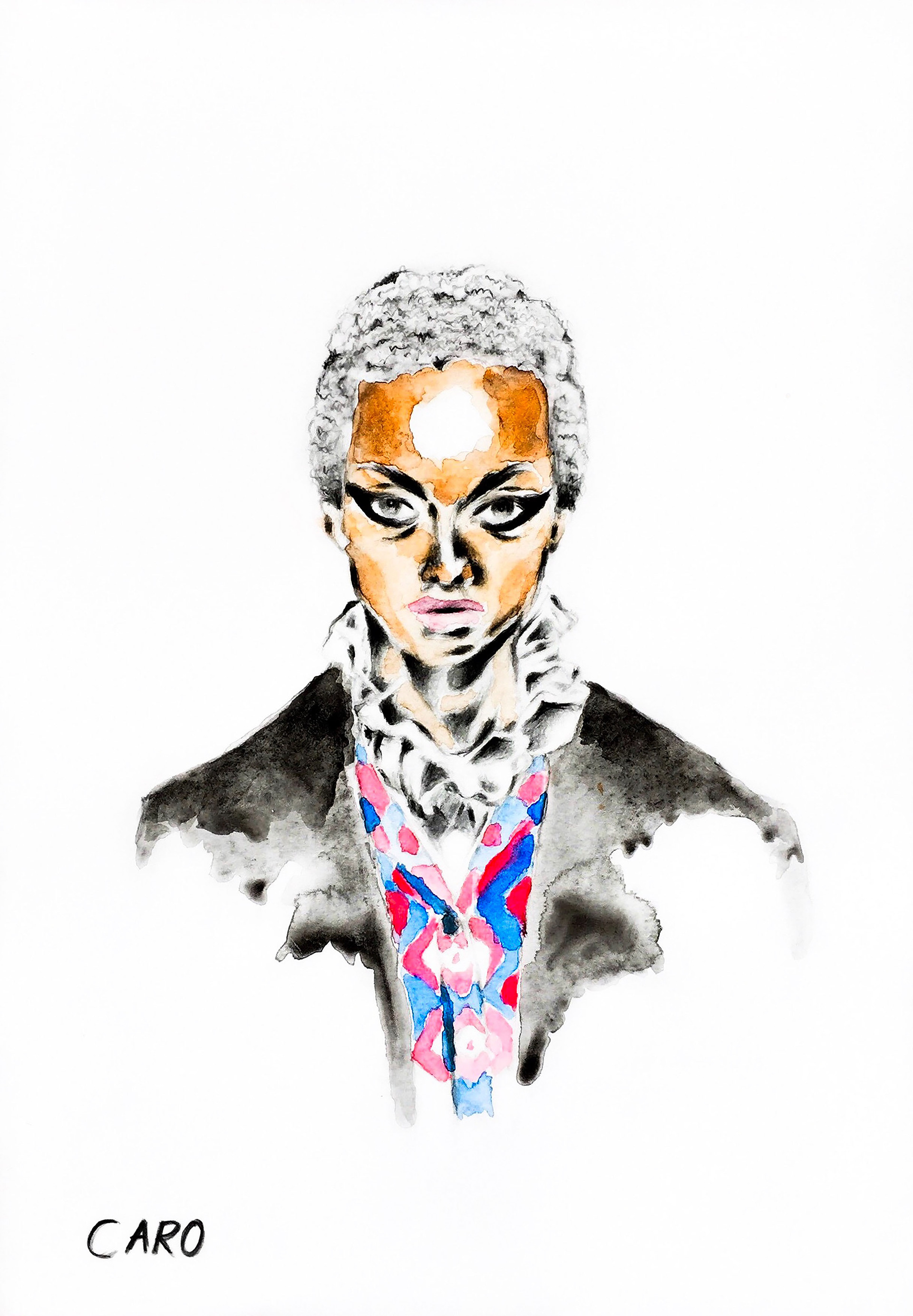 Mayowa Nicholas for Burburry SS17, graphite and water-based coloured pencils on card paper, 11.69 x 8.27 inches, 2016. Courtesy of Yannis Vlamos/Indigital.tv/Vogue.com