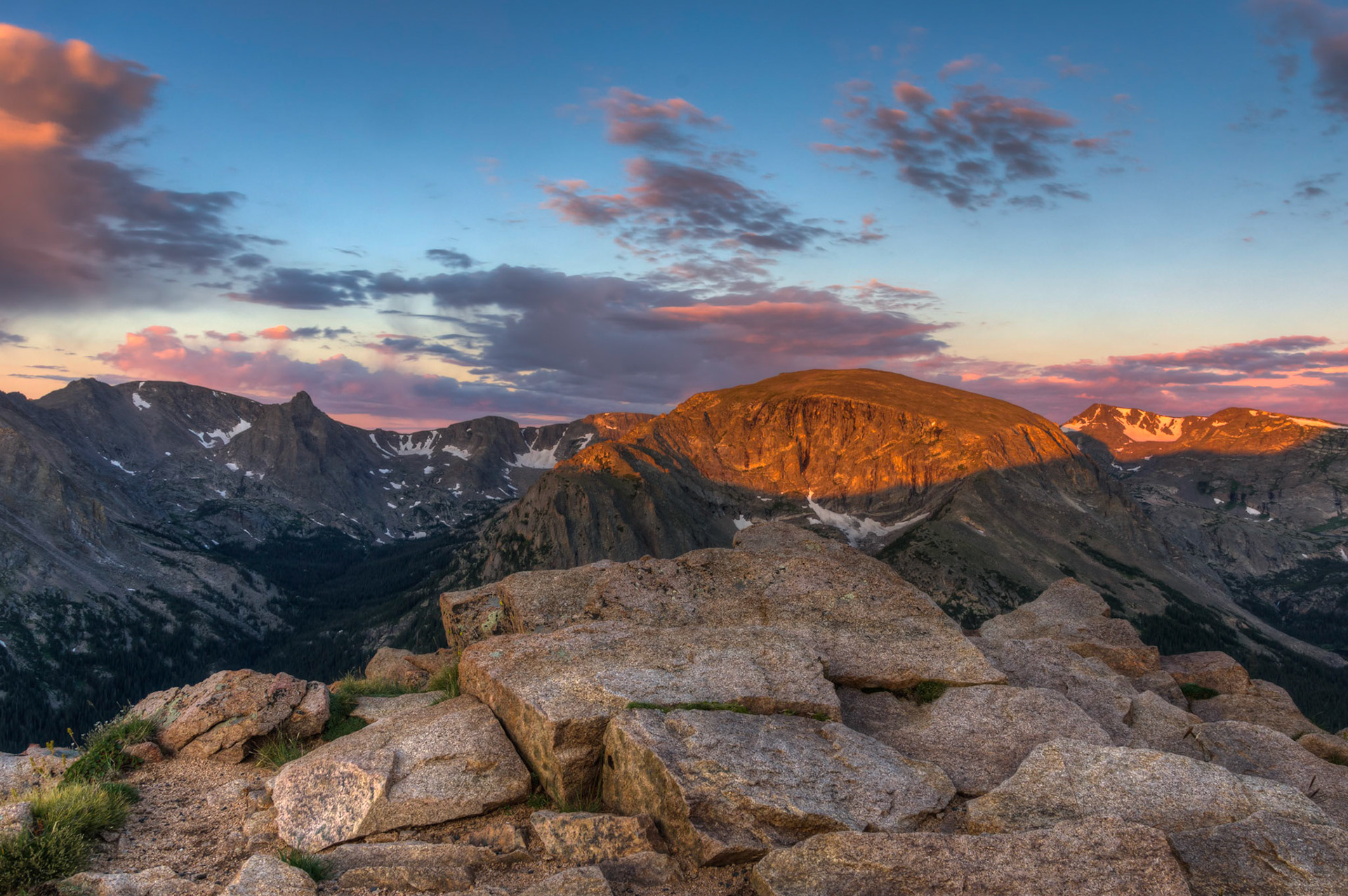 Alpenglow on Terra Tomah Mountain, from the Forest Canyon Overlook on Trail Ridge Road.Rocky Mountain National Park8 August 2014This is an HDR image consisting of 5 exposures merged in Photomatix Pro. Additional processing in Lightroom and Photoshop.PENTAX K-3, Sigma 18-250mm f/3.5-6.3 DC OS HSMISO 100 18 mm  ¼ sec at ƒ / 11Prints of my work are available from my website at http://www.fingolfinphoto.comFollow me on Facebook at http://www.facebook.com/fingolfinphoto or http://www.facebook.com/pesterleAlso, http://500px.com/pesterle   http://www.flickr.com/photos/fingolfinphoto