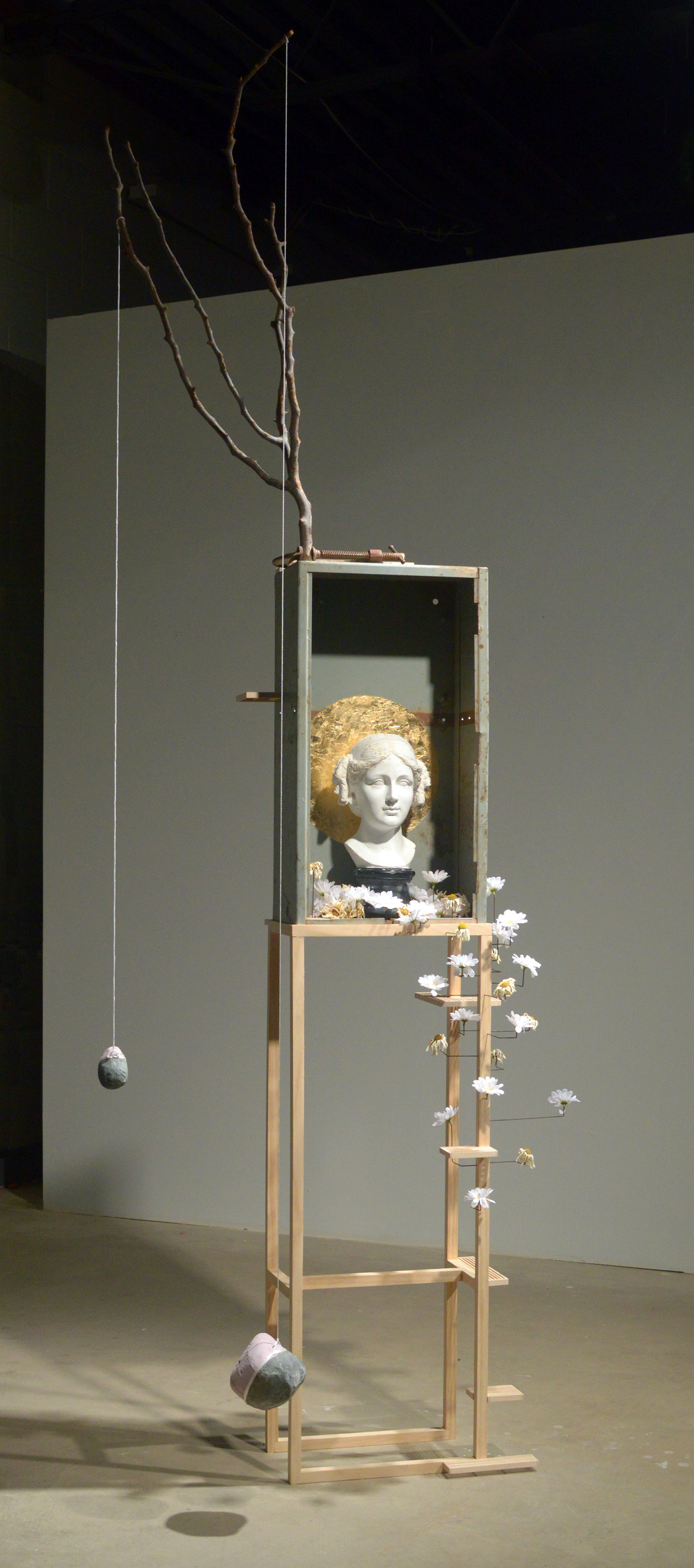 Realism Requires the Question - pine, 3D print, EPS, putty, paint, real and fake flowers, gold leaf, string