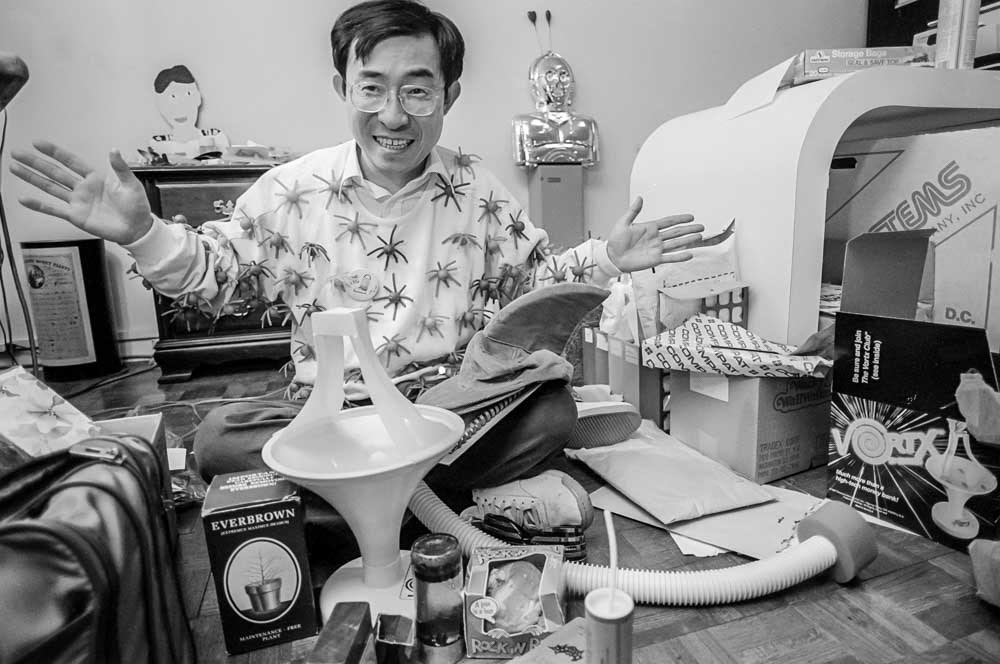Toy designer Ken "Dr. Fad" Hakuta preparing for the NYC Toy Show, November 11, 1987