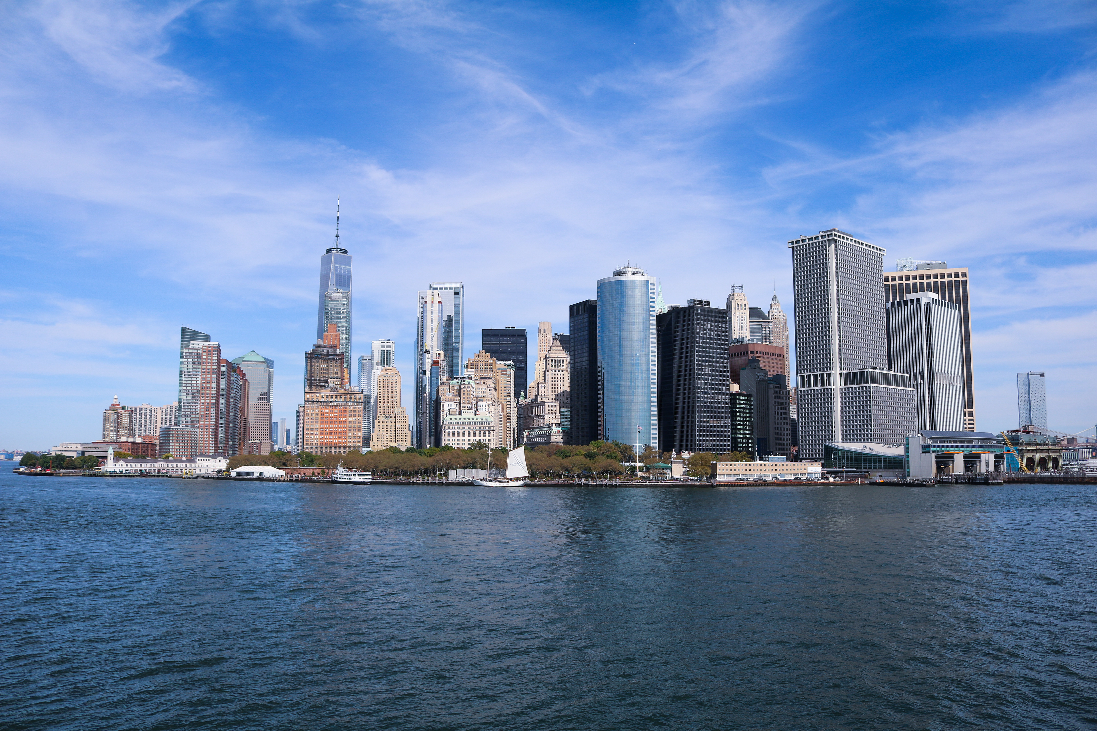 Manhattan's financial district as seen from the ferry, USA, 2019