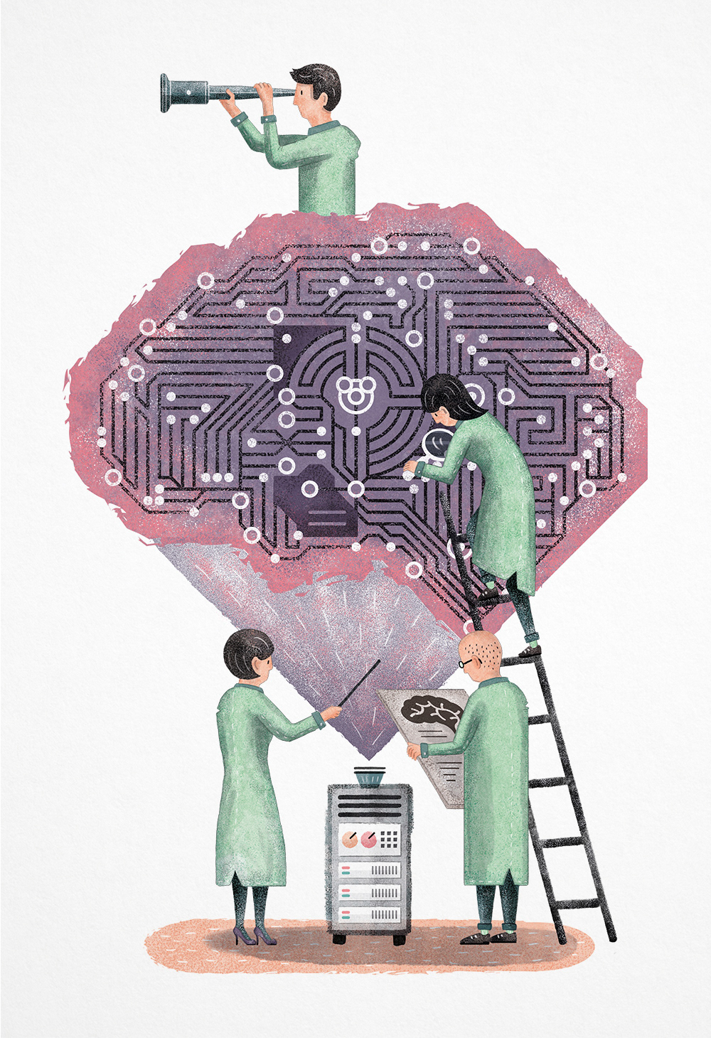 Illustration about science and artificial intelligence in industries by Adrian Bauer