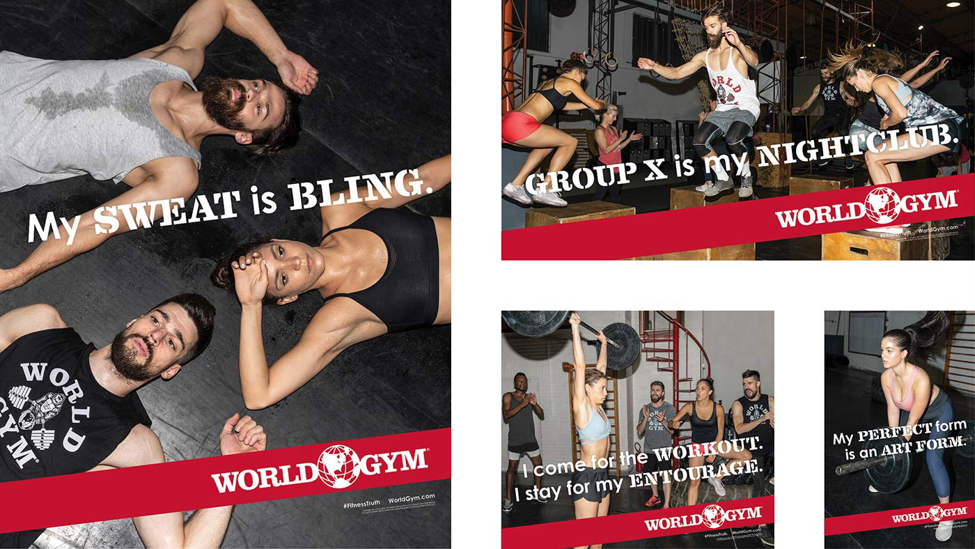 Collage of edgy advertisements for World Gym with numerous athletes working out
